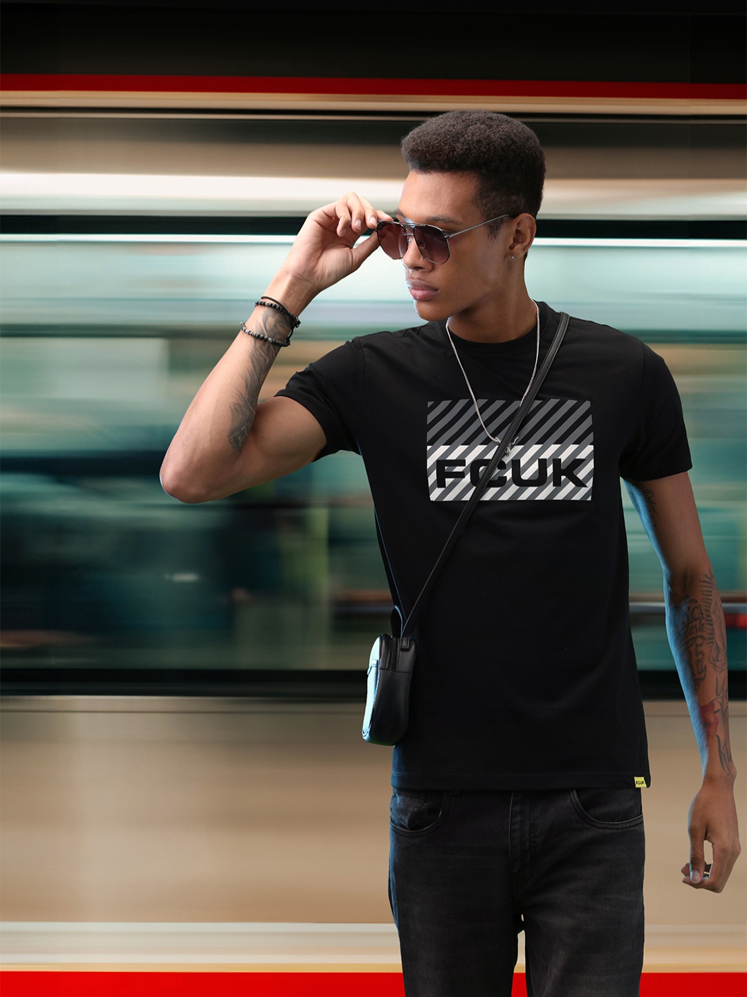 

FCUK Brand Logo Printed Pure Cotton T-shirt, Black