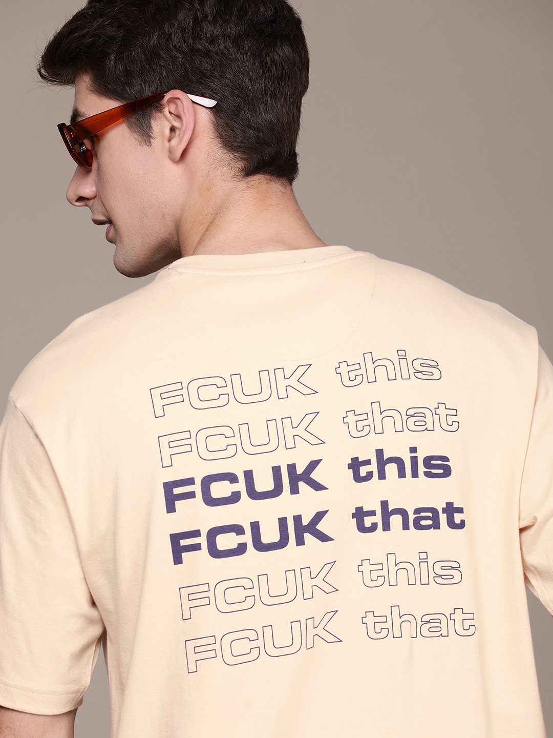 

FCUK Brand Logo Printed Drop-Shoulder Sleeves Oversized Fit Pure Cotton T-shirt, Beige