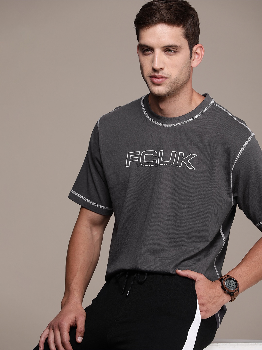 

FCUK Brand Logo Drop-Shoulder Sleeves Pure Cotton Applique Oversized T-shirt, Grey