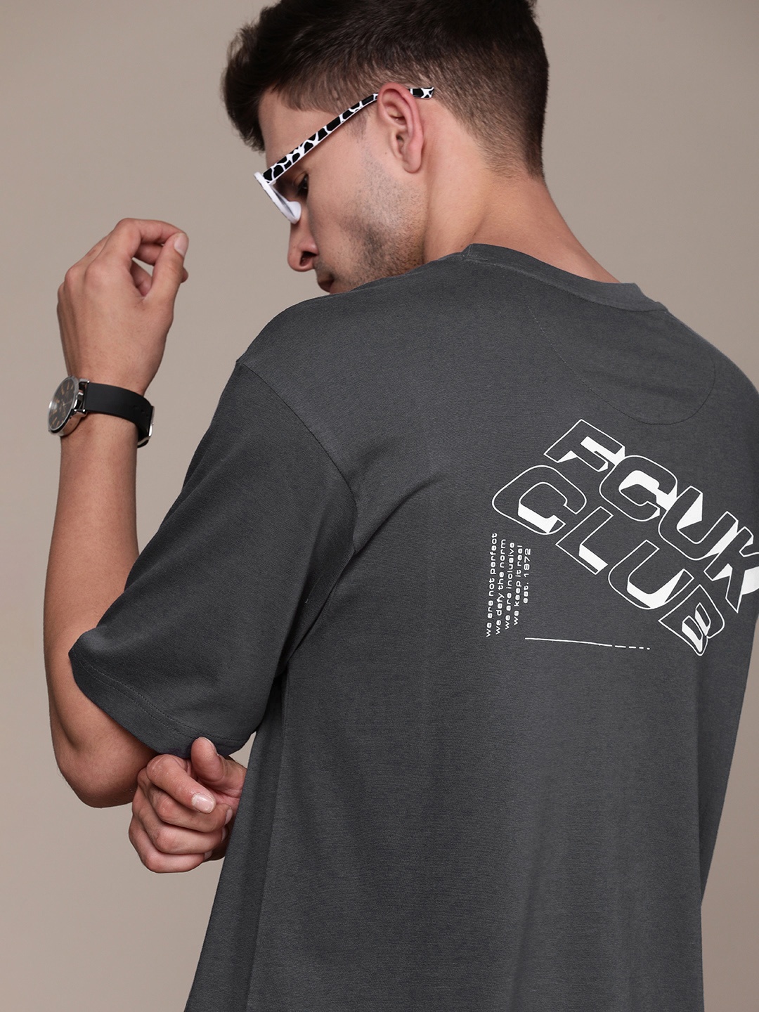 

FCUK Brand Logo Printed Drop-Shoulder Sleeves Oversized Fit Pure Cotton T-shirt, Charcoal