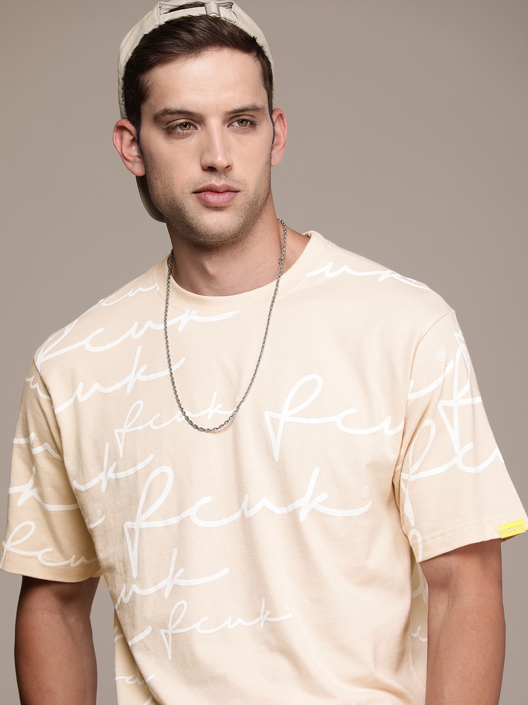 

FCUK Brand Logo Printed Drop-Shoulder Sleeves Pure Cotton Oversized T-shirt, Beige