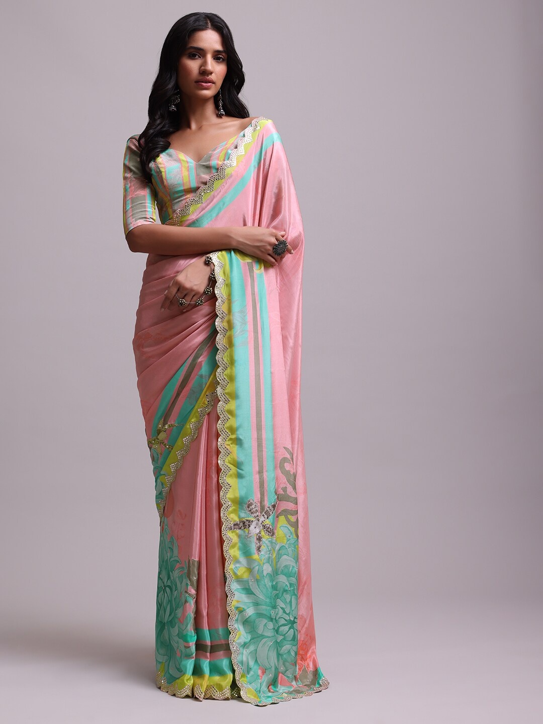 

KALKI Fashion Floral Printed Mirror Work Saree, Pink
