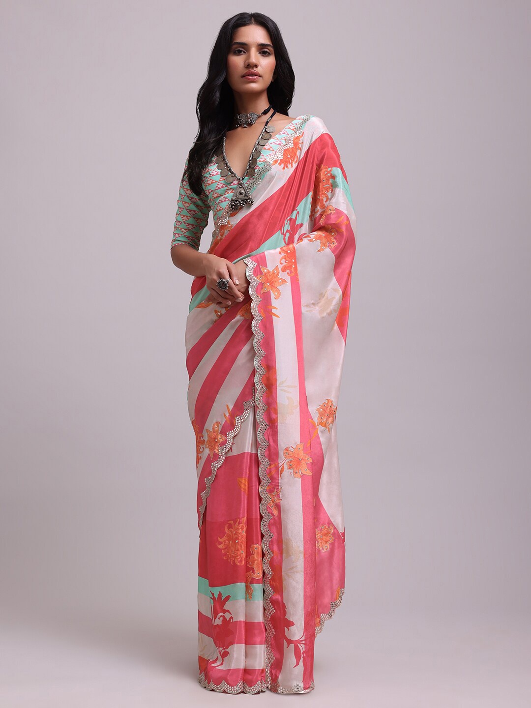 

KALKI Fashion Floral Printed Mirror Work Saree, White