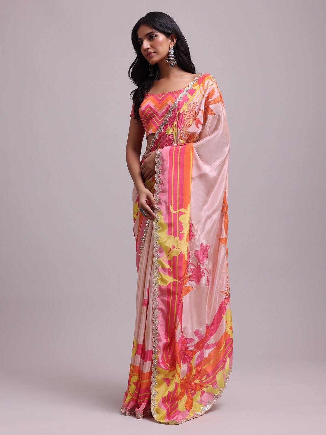 

KALKI Fashion Floral Printed Beads and Stones Saree, Pink