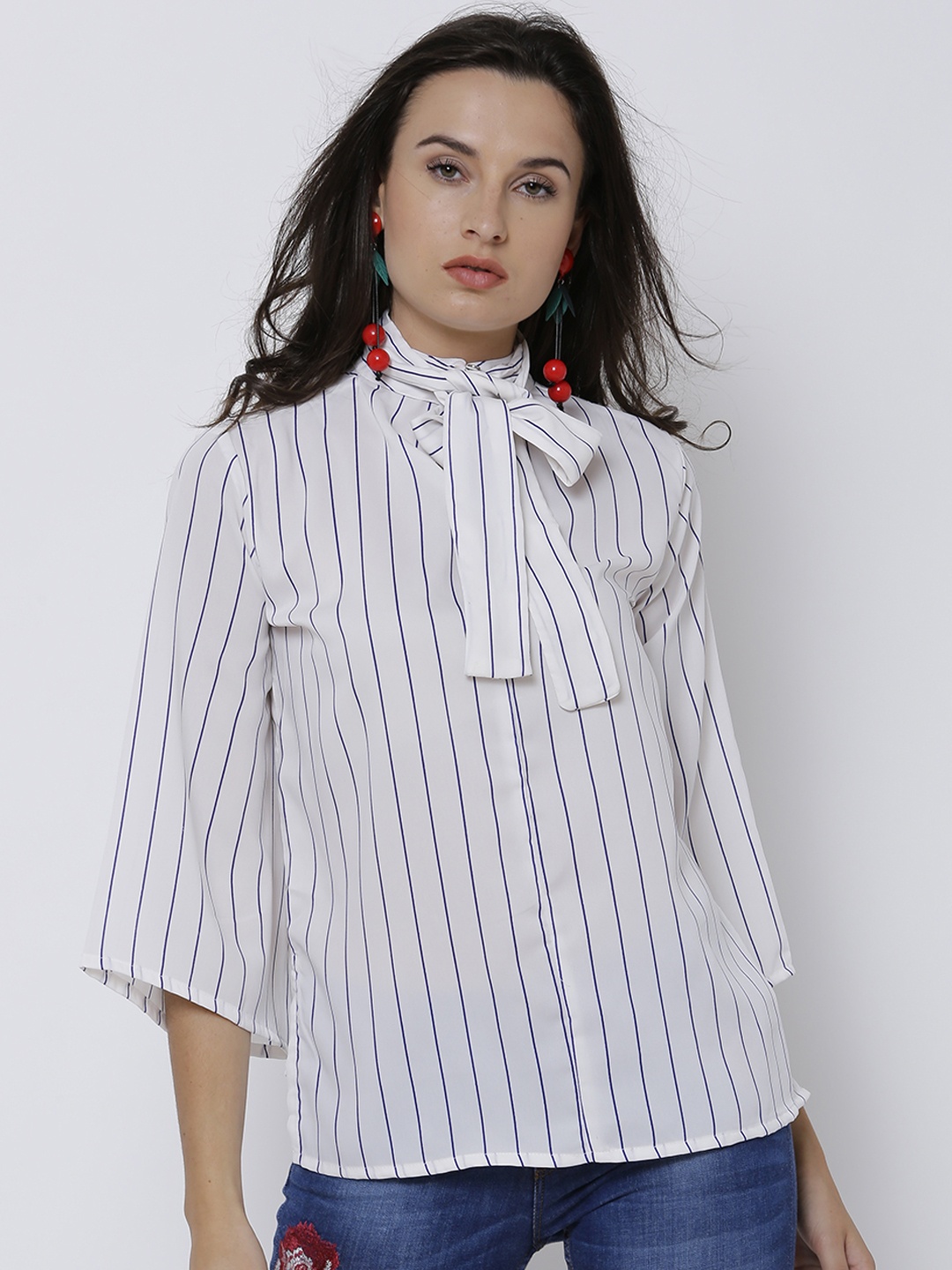 

Tokyo Talkies Women White & Blue Striped Top