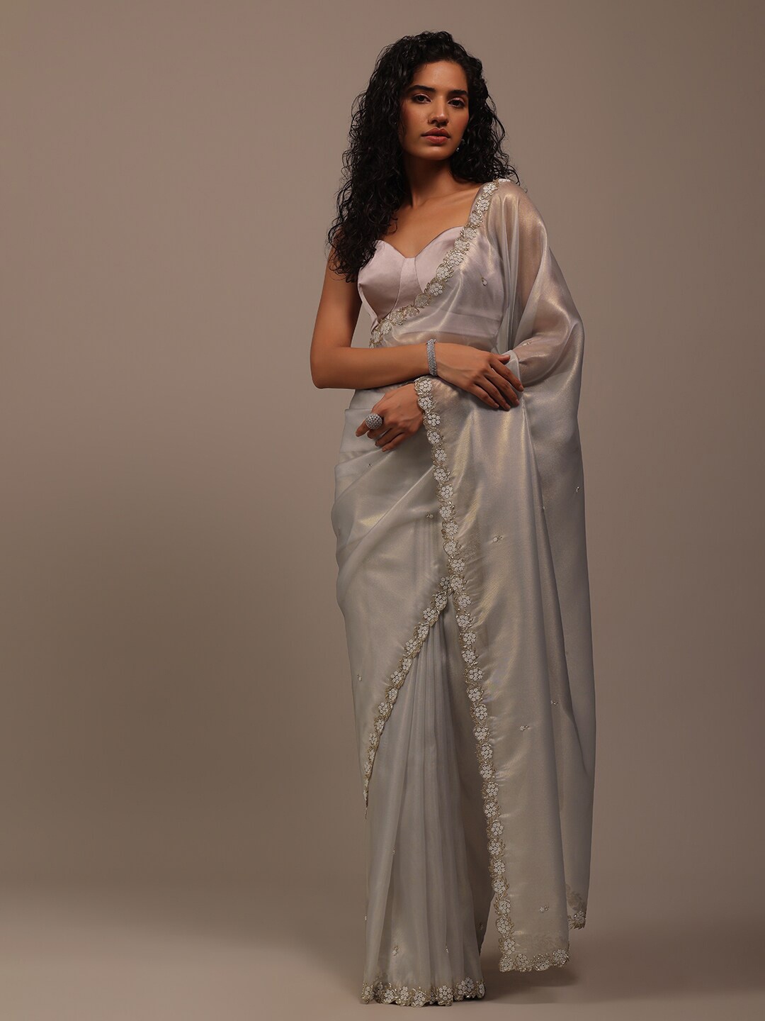 

KALKI Fashion Embellished Beads and Stones Tissue Saree, Grey