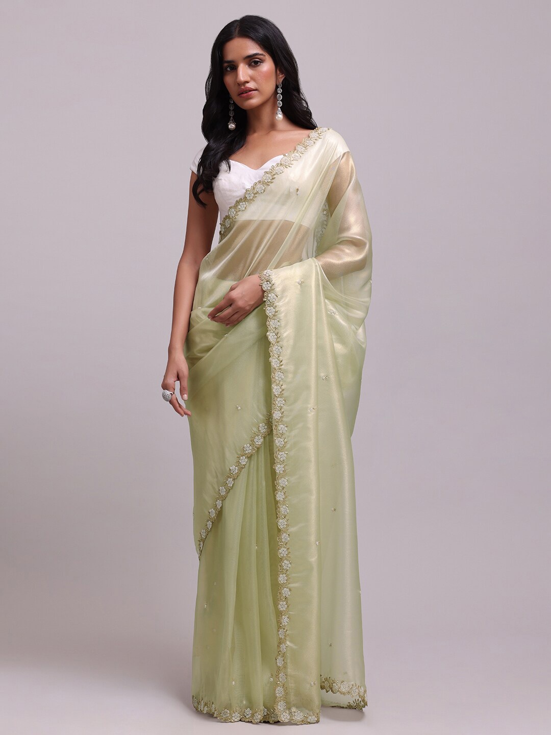 

KALKI Fashion Floral Embellished Beads And Stones Tissue Saree, Green