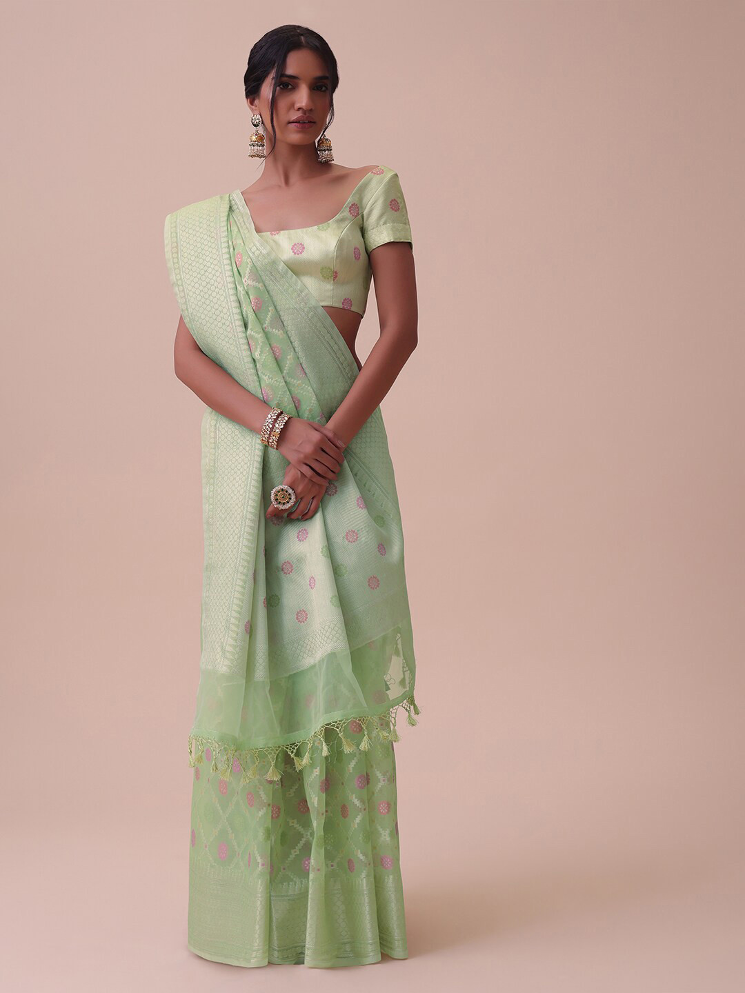 

KALKI Fashion Ethnic Motifs Woven Design Zari Silk Cotton Saree, Green