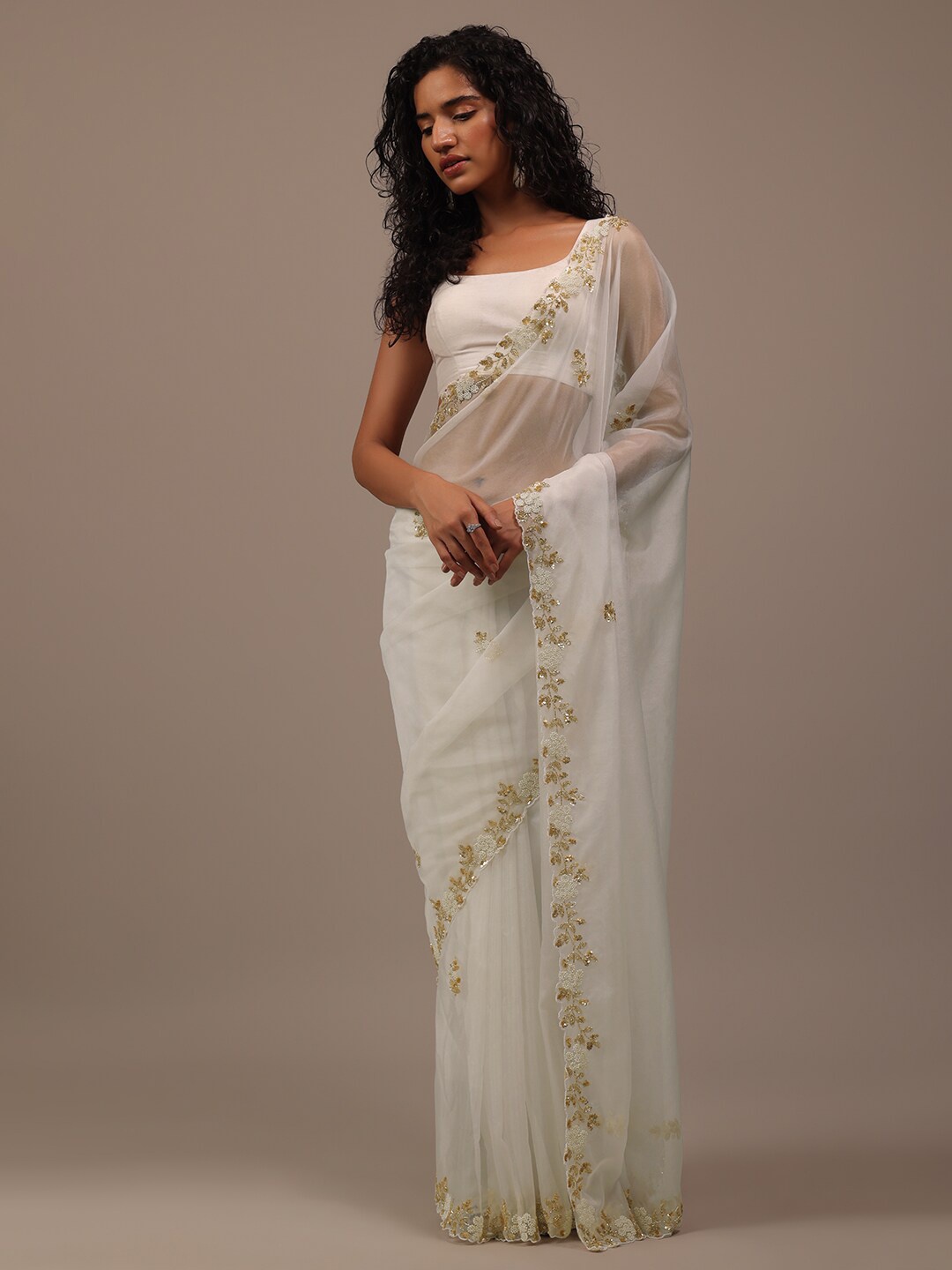 

KALKI Fashion Embellished Sequinned Organza Saree, White