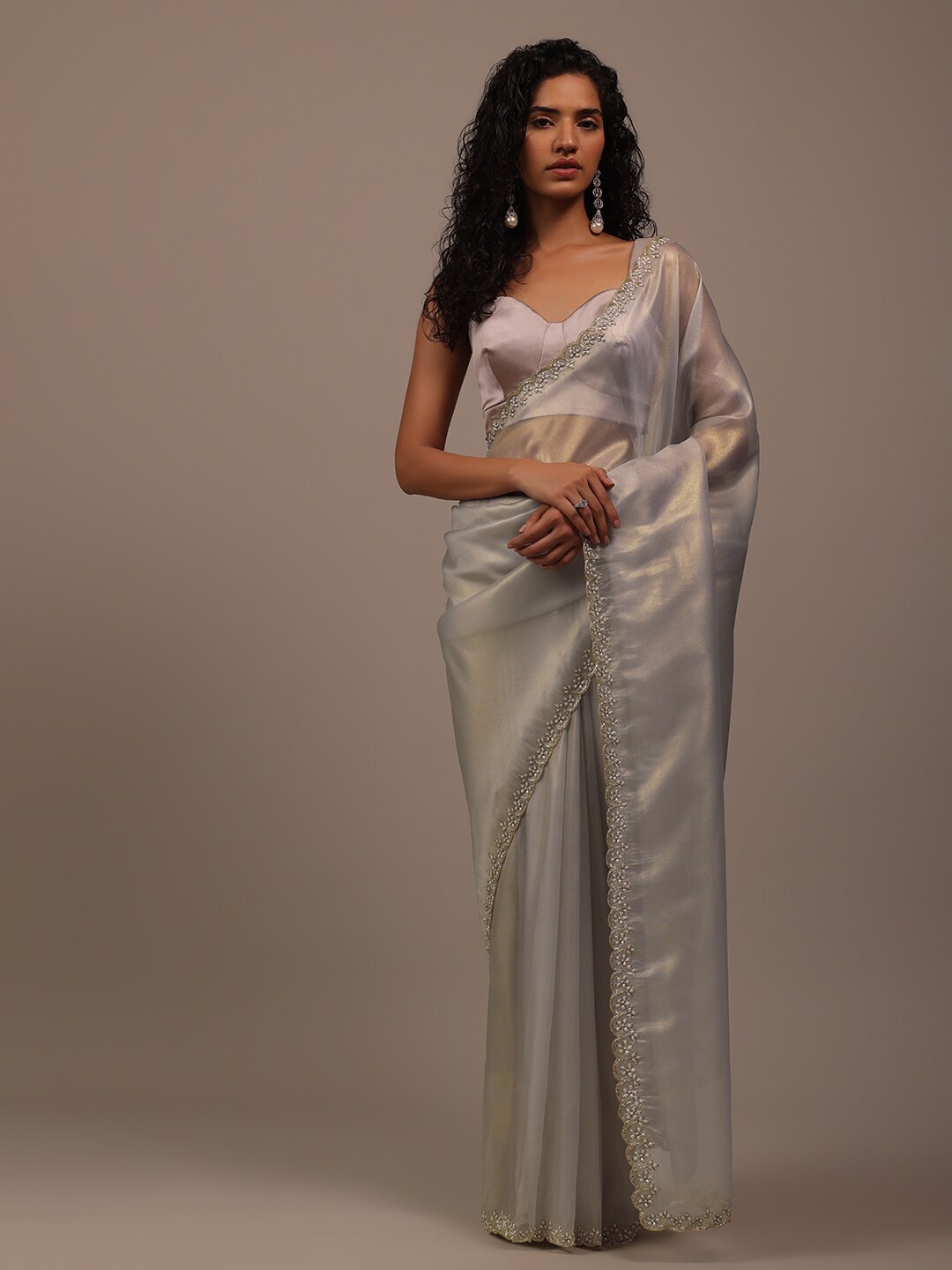 

KALKI Fashion Embroidered Beads And Stones Tissue Saree, Grey