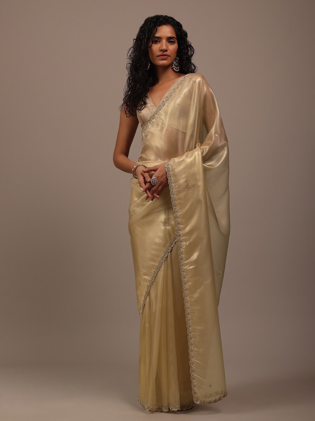

KALKI Fashion Embellished Beads and Stones Tissue Saree, Gold
