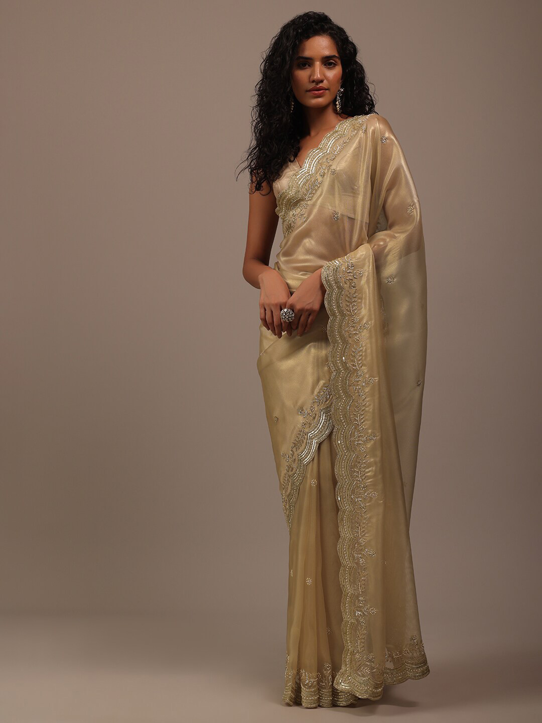 

KALKI Fashion Embellished Beads and Stones Tissue Saree, Gold