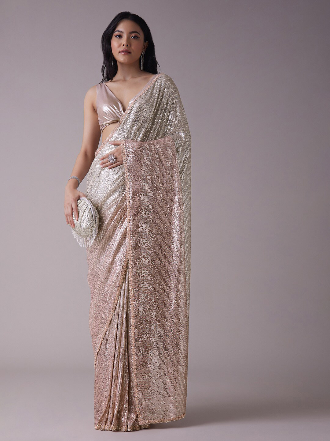 

KALKI Fashion Embellished Sequinned Net Saree, Peach