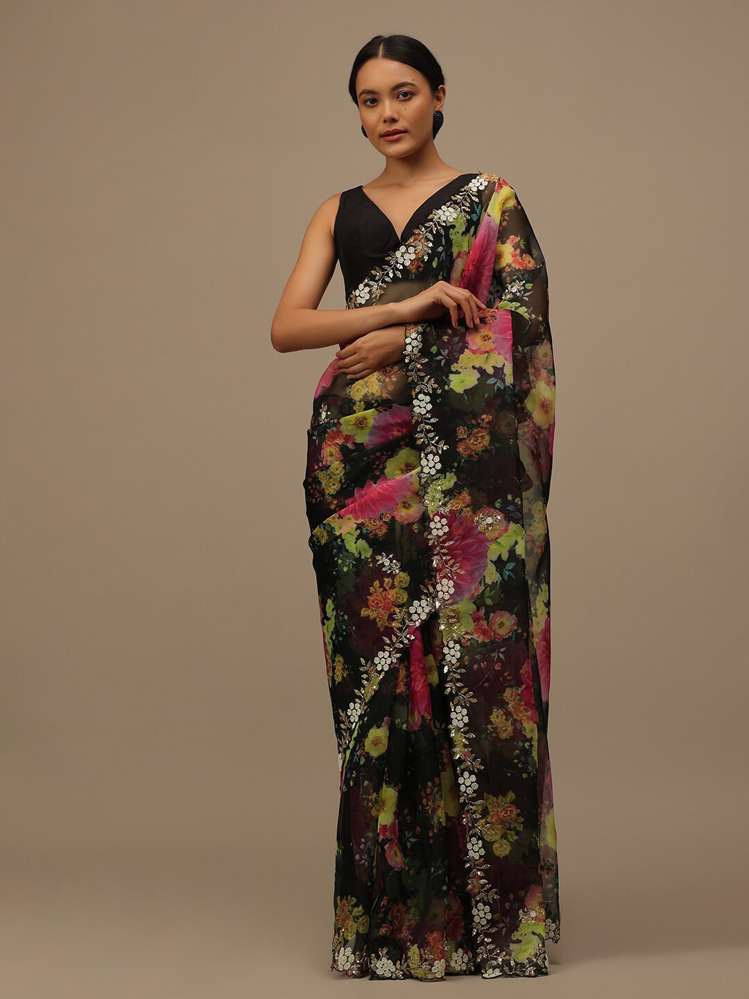 

KALKI Fashion Floral Beads and Stones Organza Saree, Black