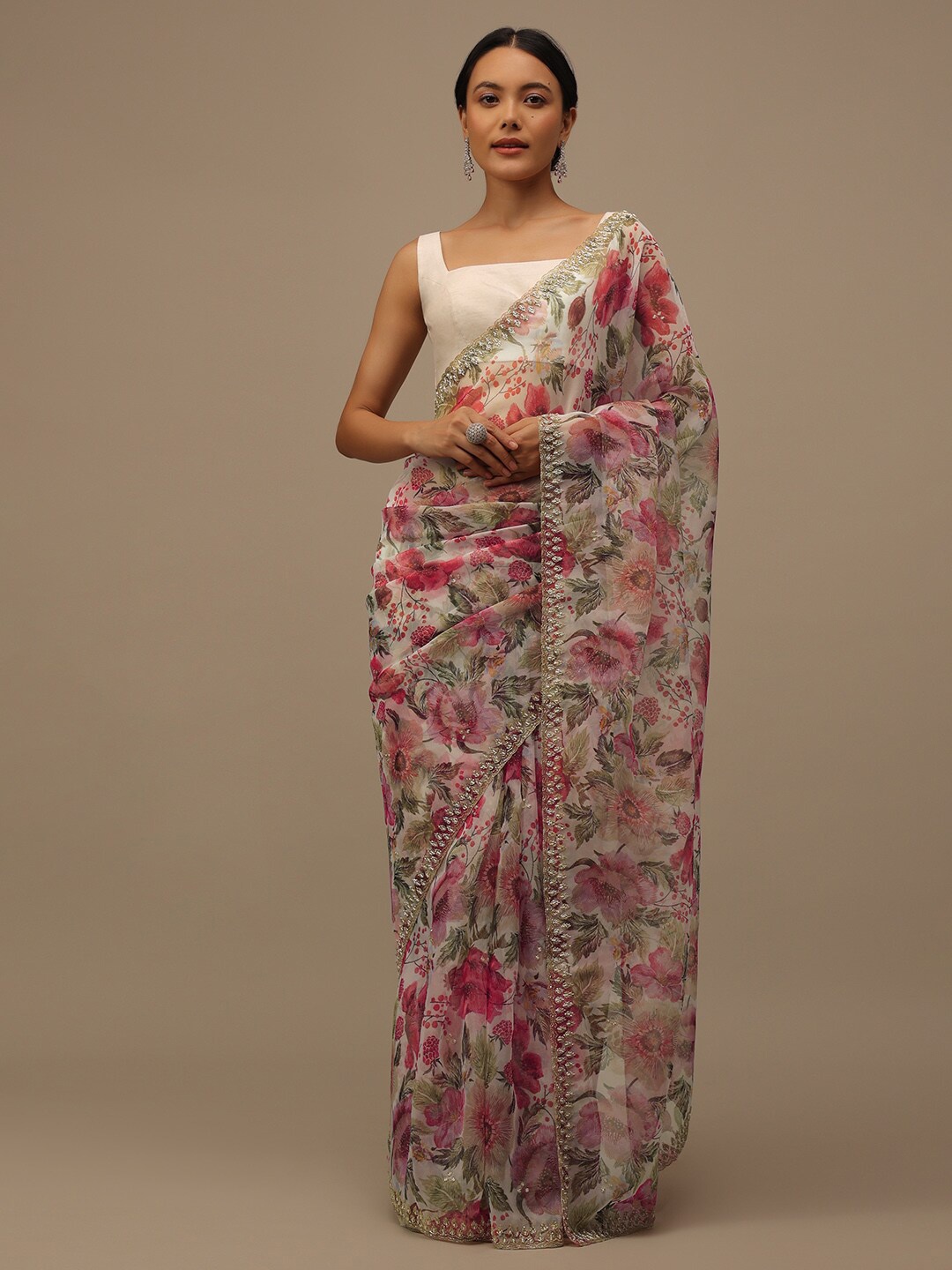 

KALKI Fashion Floral Printed Embellished Organza Saree, White