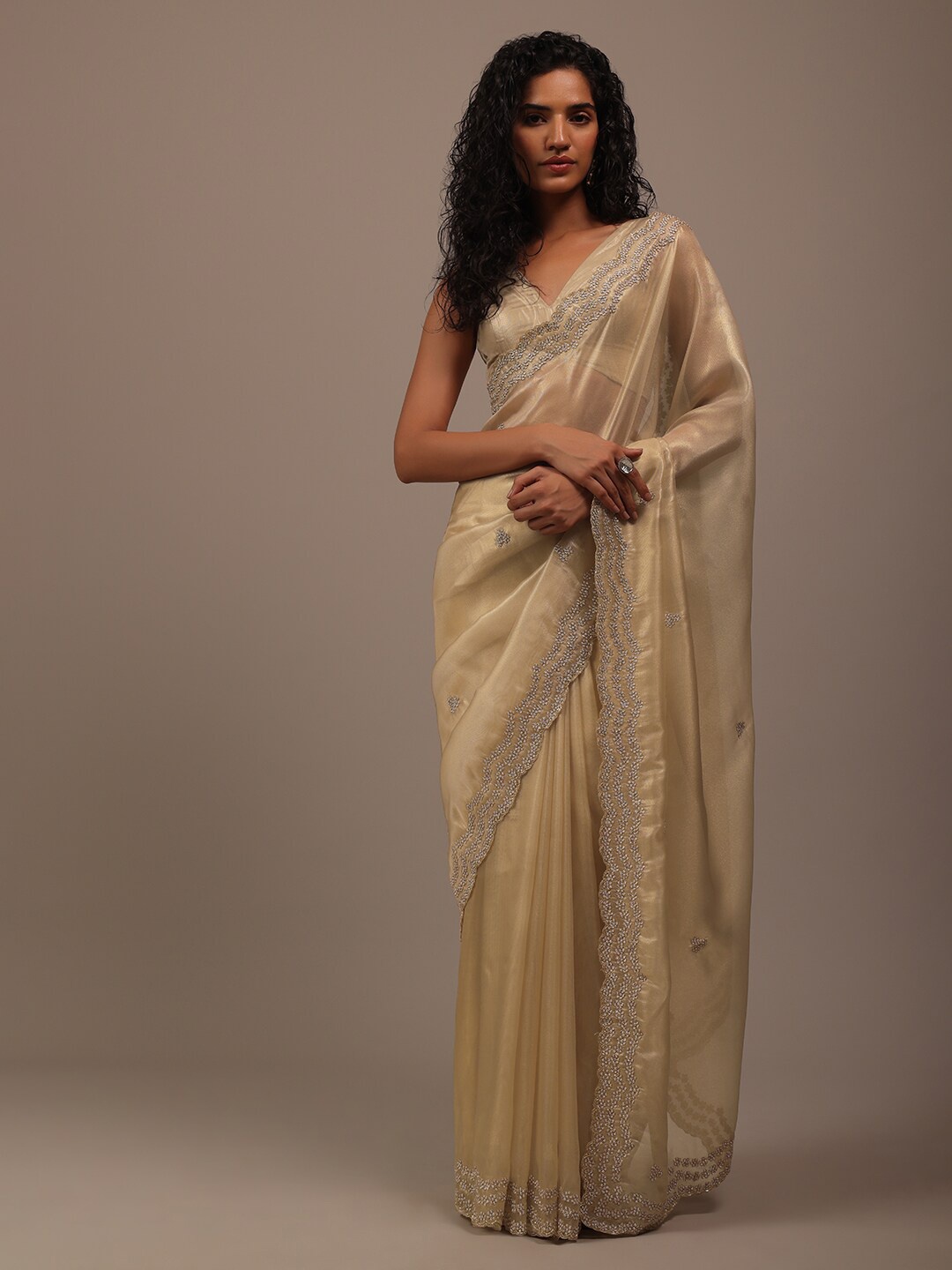 

KALKI Fashion Embellished Beads and Stones Tissue Saree, Gold