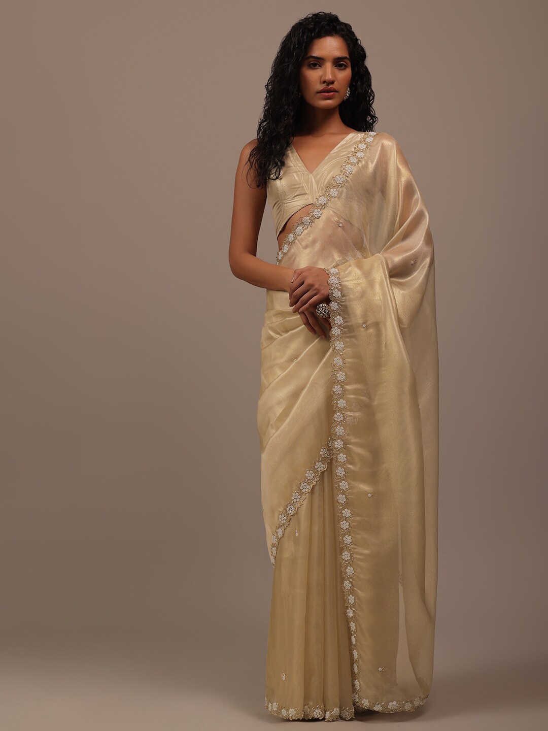 

KALKI Fashion Embellished Beads & Stones Tissue Saree, Gold