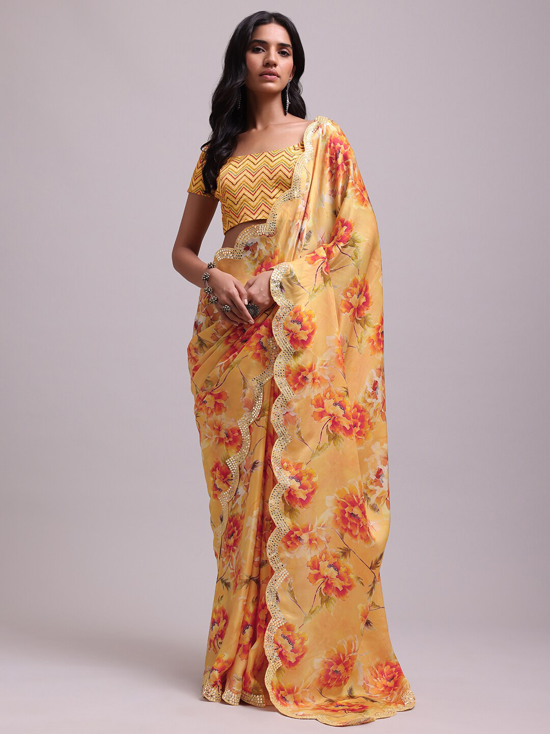 

KALKI Fashion Floral Beads and Stones Saree, Peach