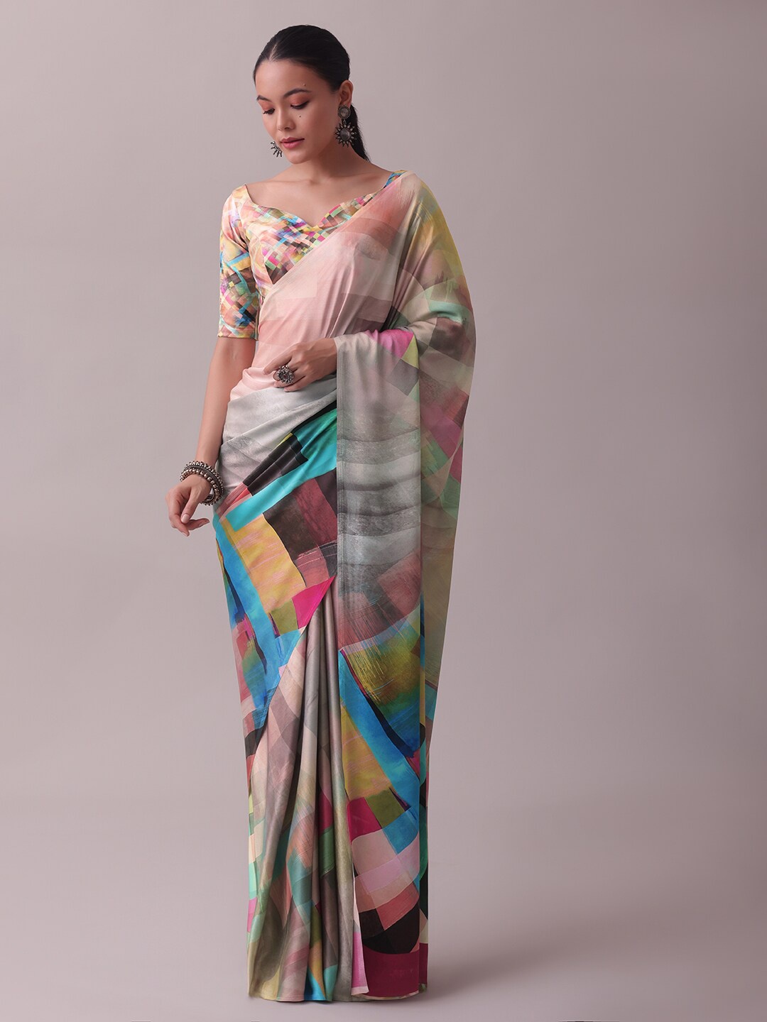 

KALKI Fashion Abstract Printed Satin Saree With Blouse Piece, Blue