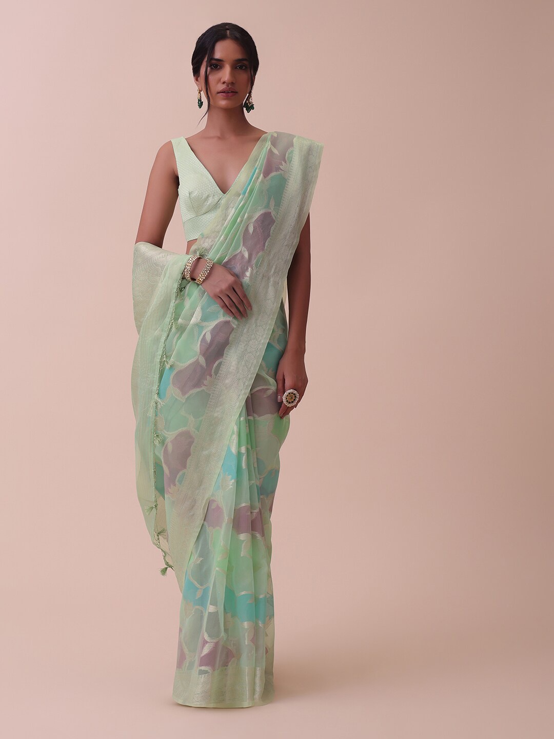 

KALKI Fashion Floral Woven Design Zari Silk Cotton Saree, Green