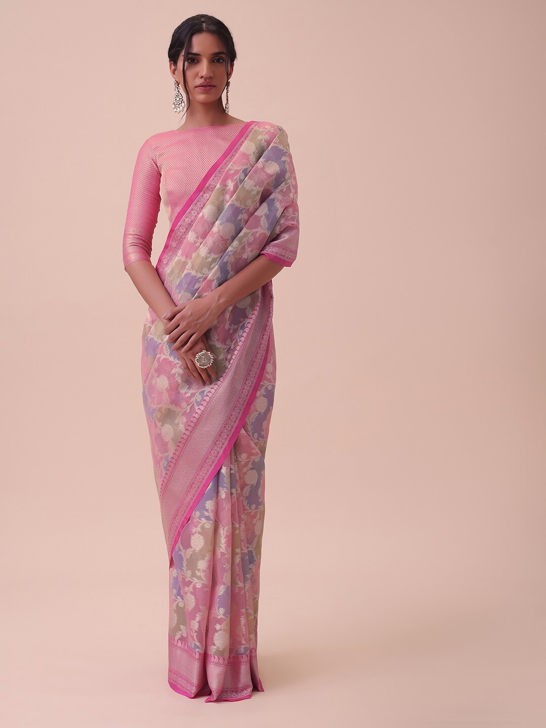 

KALKI Fashion Floral Woven Design Zari Silk Cotton Saree, Pink