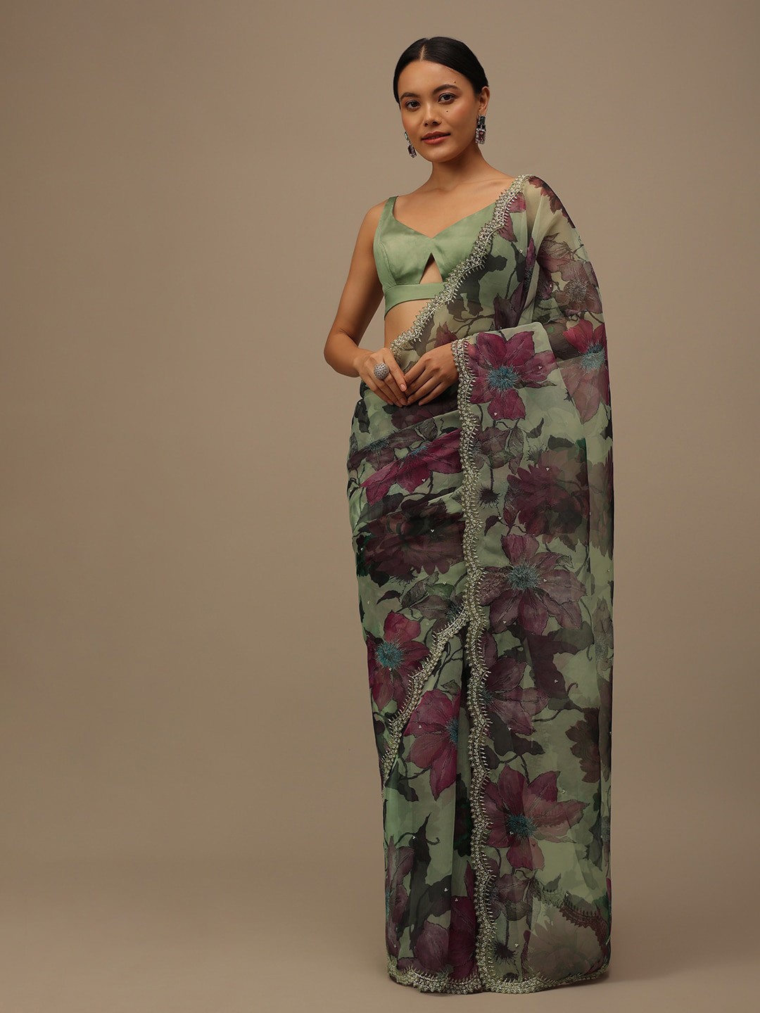 

KALKI Fashion Floral Embroidered Organza Saree With Blouse Piece, Green