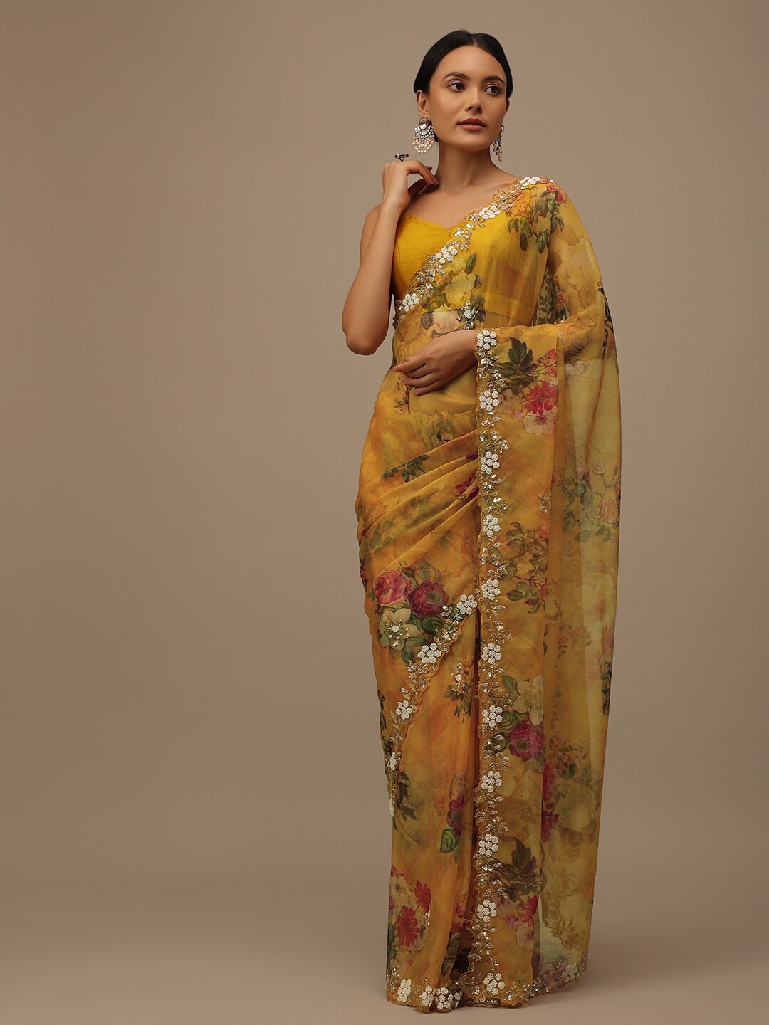 

KALKI Fashion Floral Printed Embroidered Organza Saree, Mustard