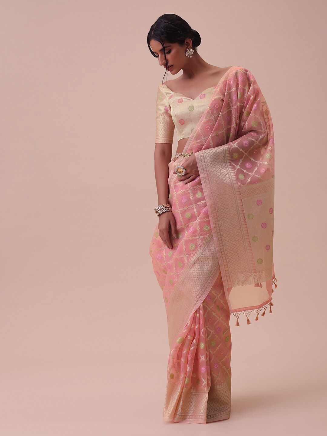 

KALKI Fashion Woven Design Zari Silk Cotton Saree, Peach