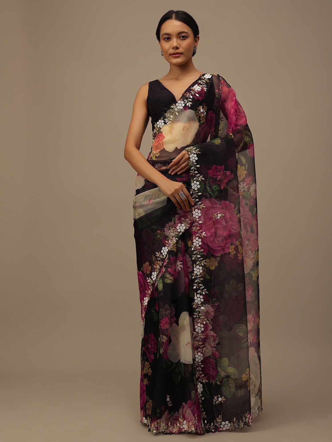 

KALKI Fashion Floral Printed Embellished Organza Saree, Black