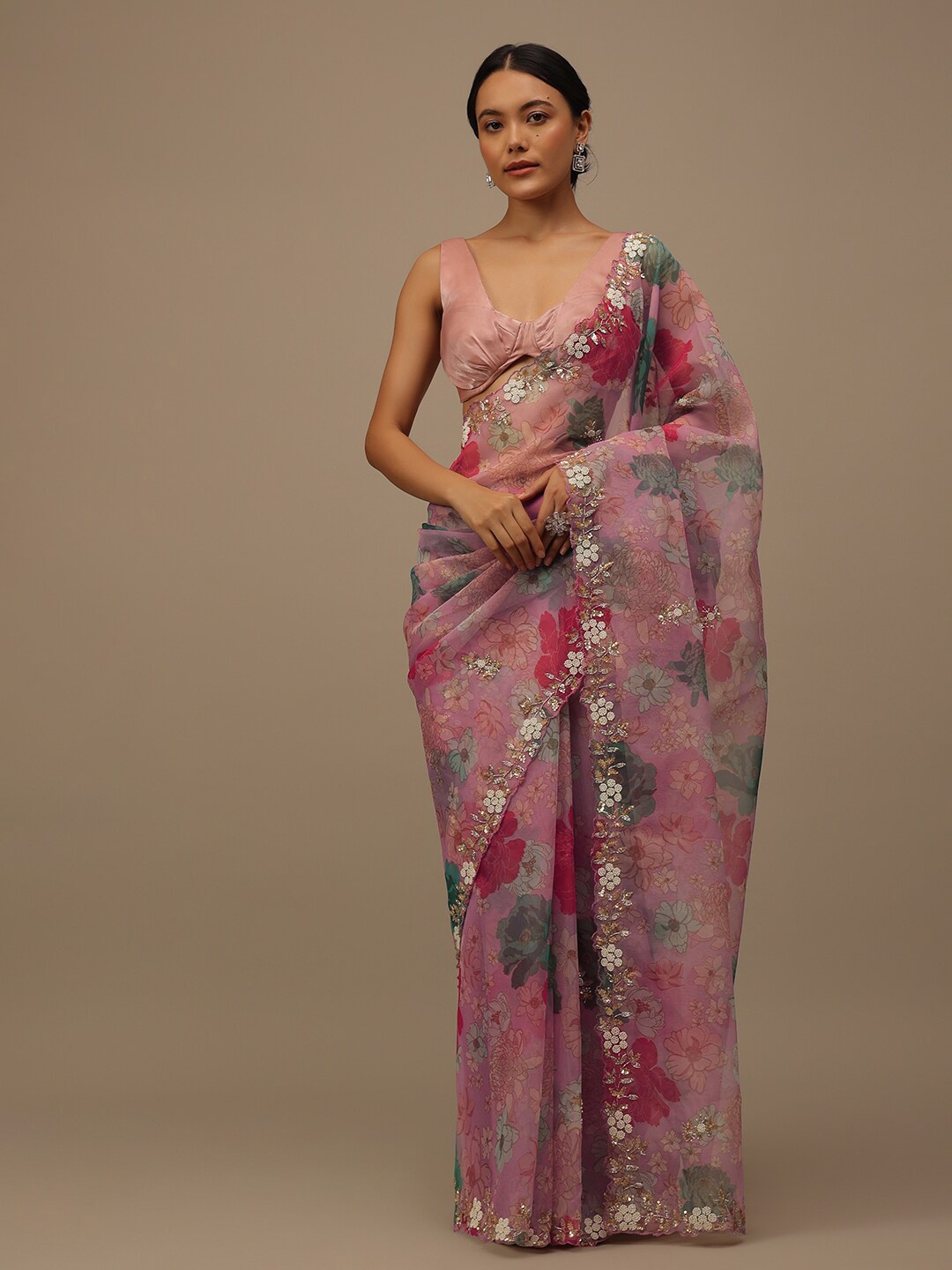 

KALKI Fashion Floral Printed Sequinned Organza Saree, Pink