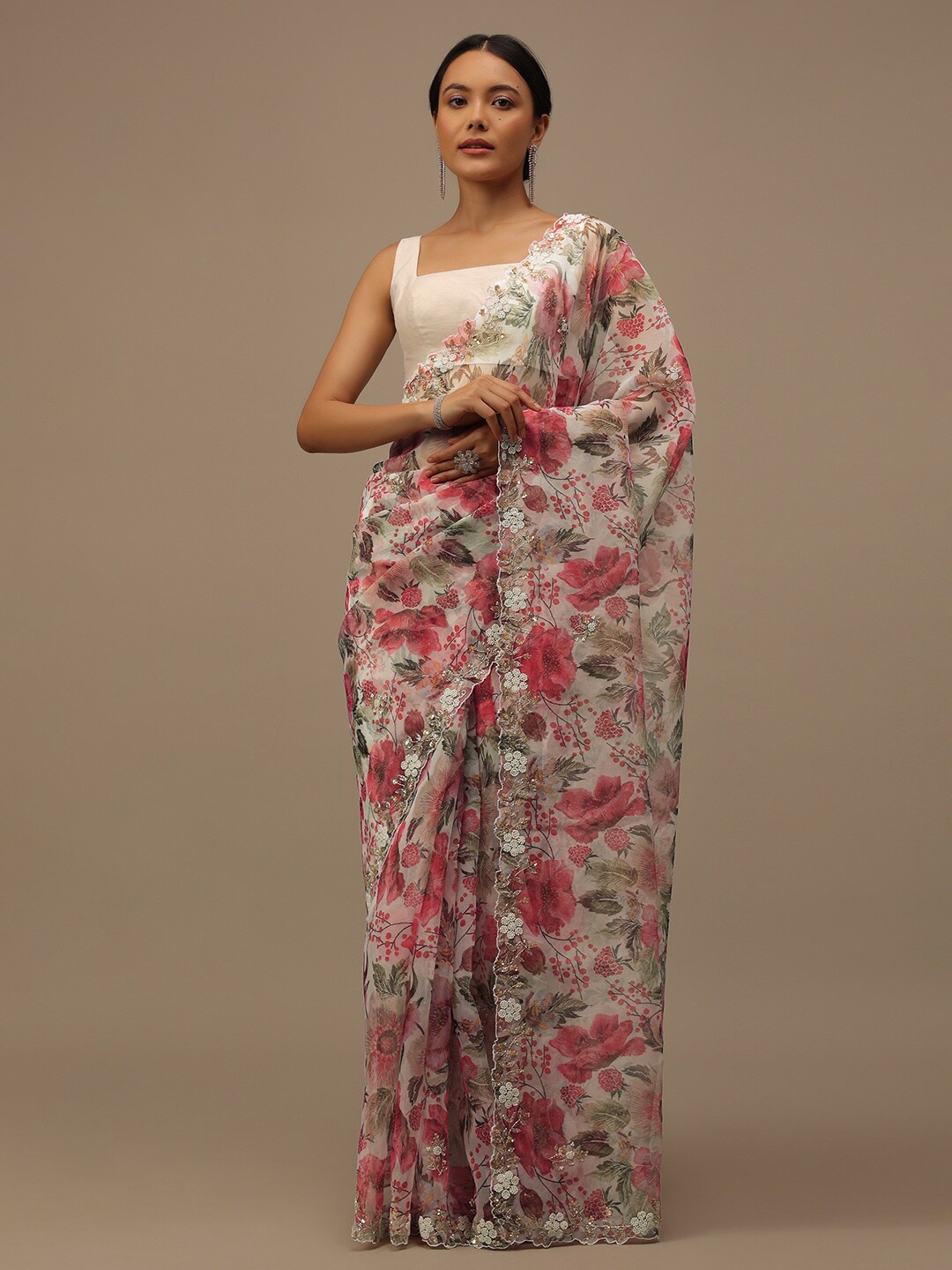 

KALKI Fashion Floral Printed Beads and Stones Organza Saree, White