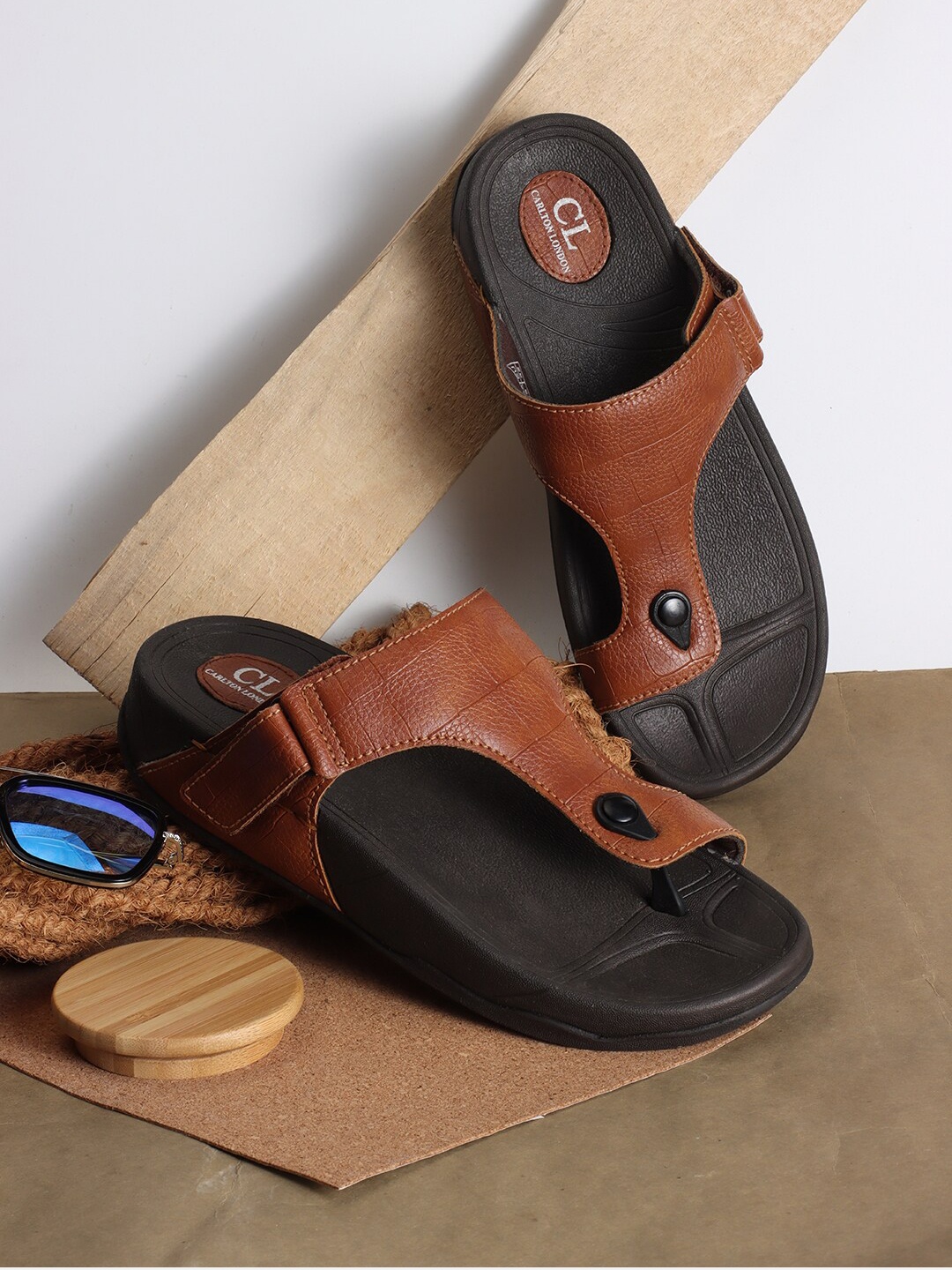 

Carlton London Men Textured Comfort Sandals With Velcro Detail, Tan