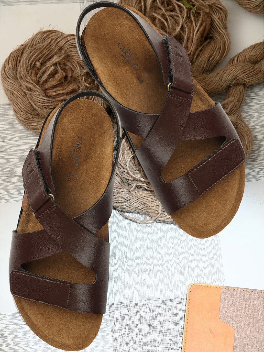 

Carlton London Men Open Toe Comfort Sandals With Velcro Closure, Brown