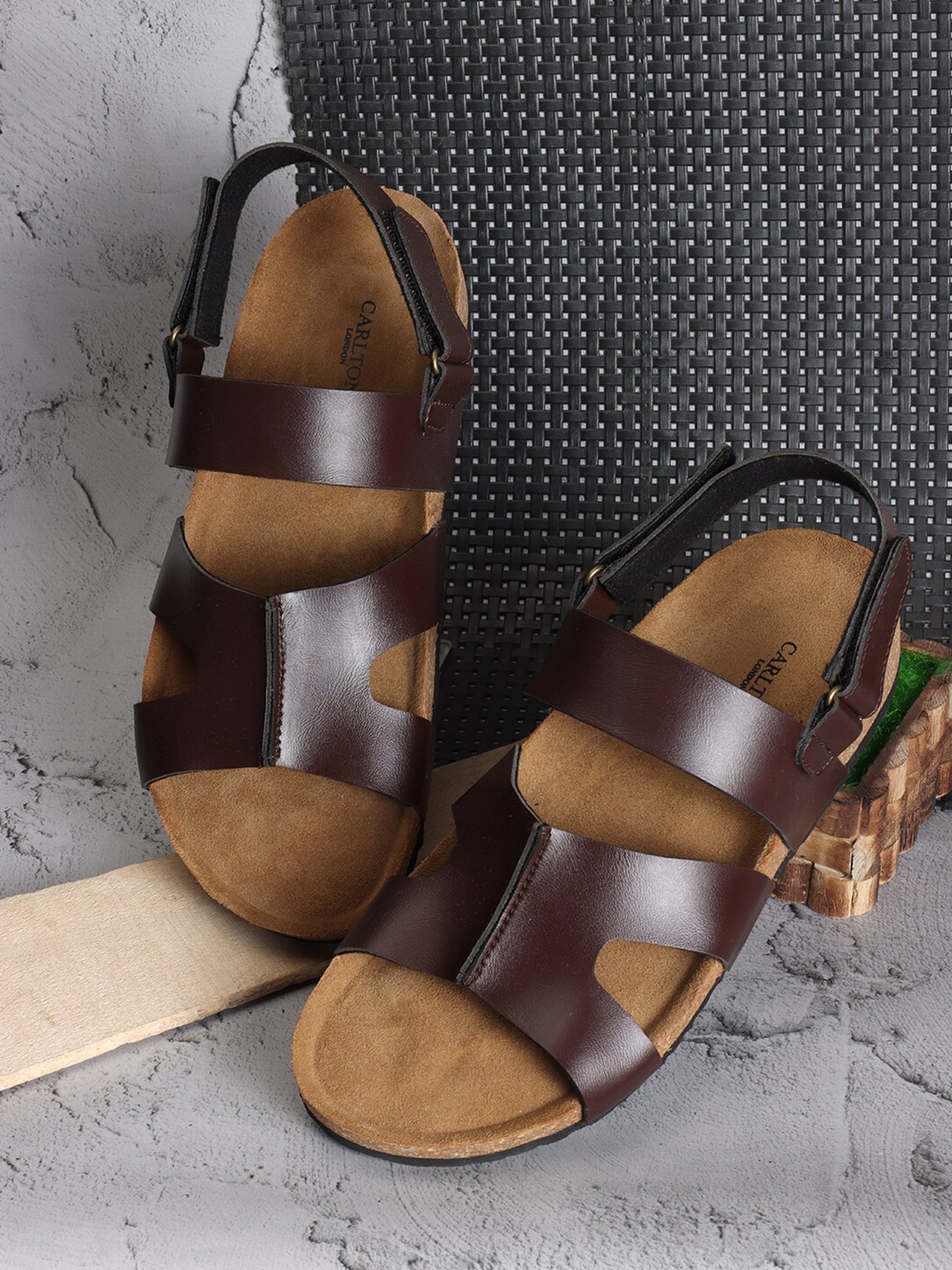

Carlton London Men Open Toe Comfort Sandals With Velcro Closure, Brown