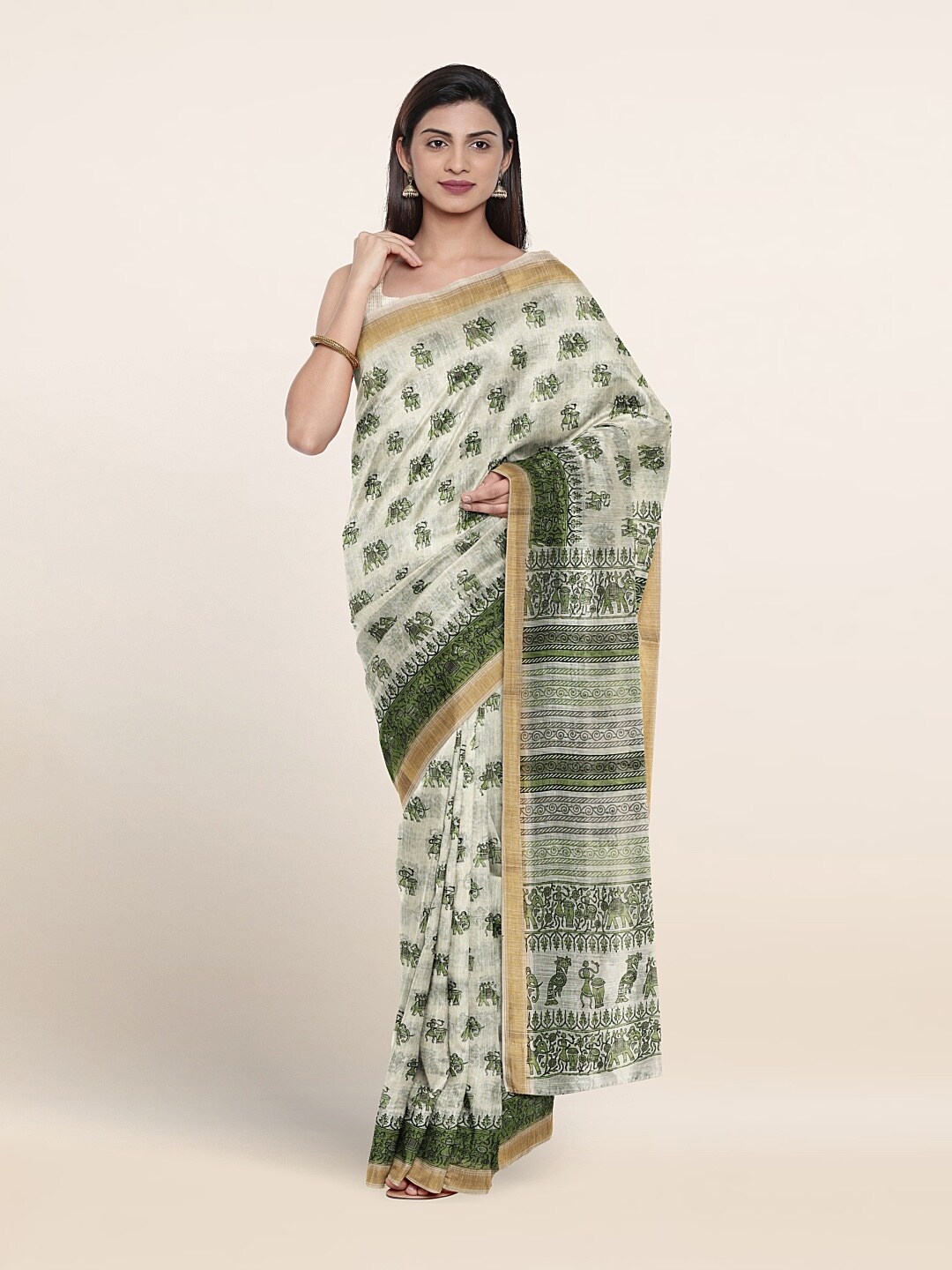

Pothys Ethnic Motif Printed Zari Pure Cotton Saree, Off white