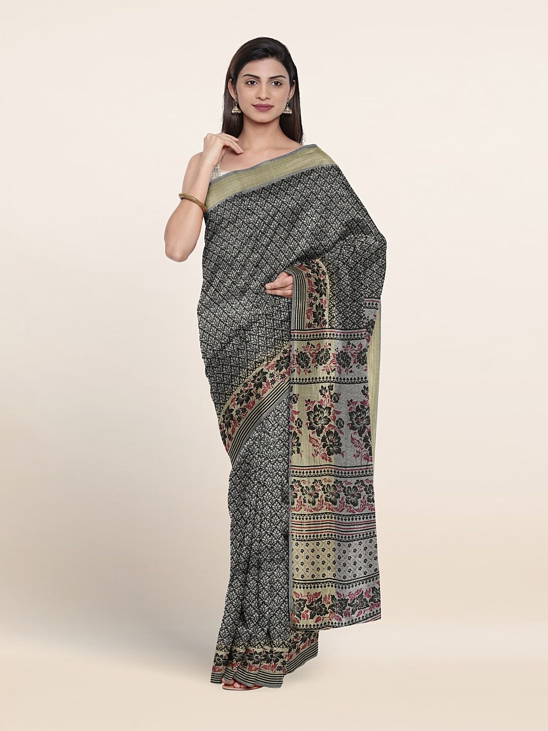 

Pothys Floral Printed Zari Pure Cotton Saree, Grey