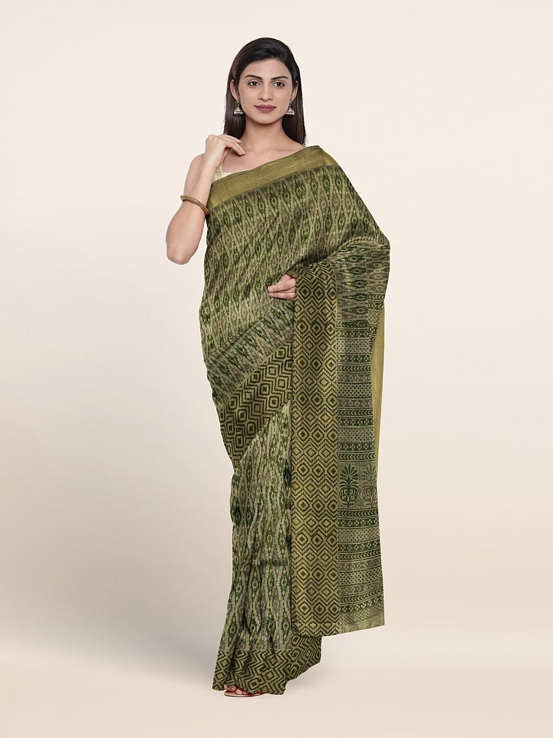 

Pothys Ethnic Motifs Printed Zari Pure Cotton Saree, Green