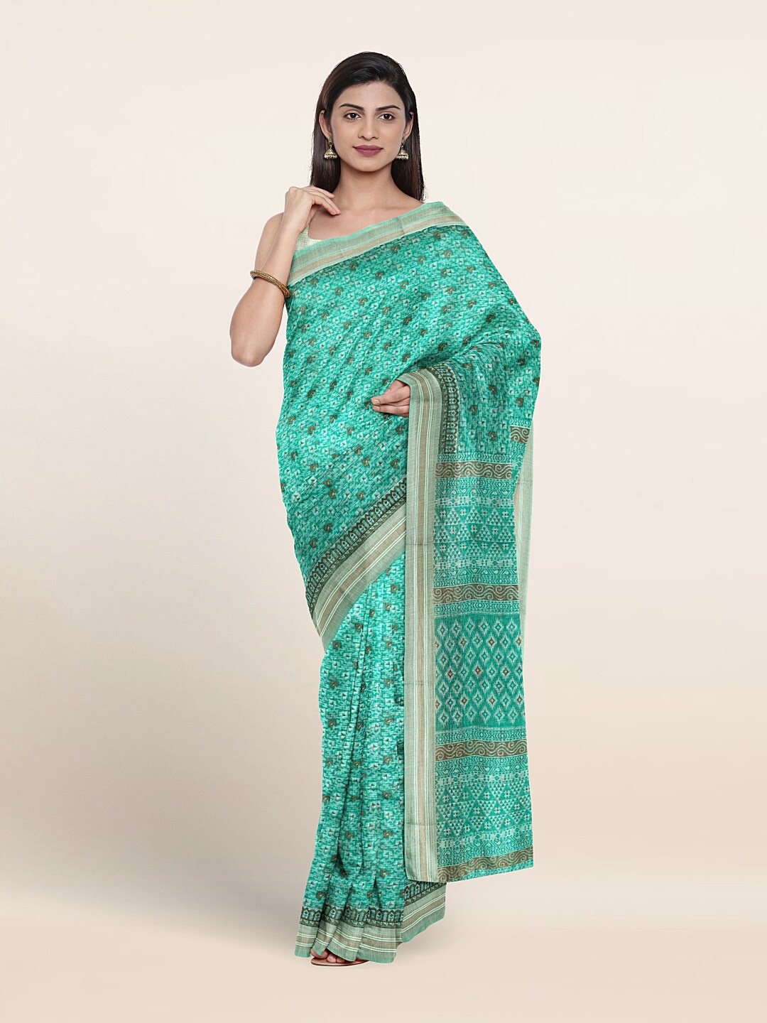 

Pothys Geometric Printed Pure Cotton Saree, Green