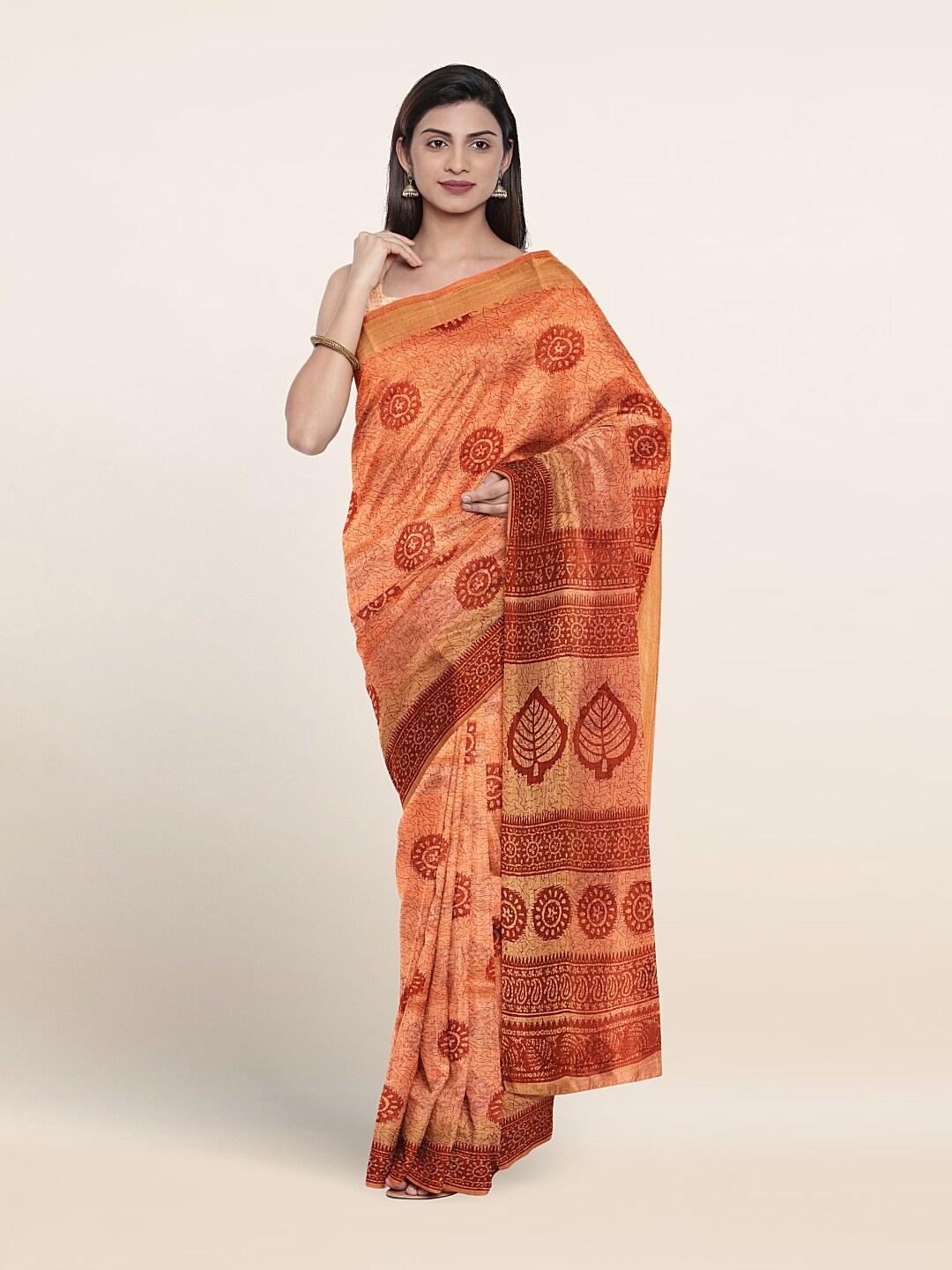 

Pothys Ethnic Motif Printed Pure Cotton Saree With Blouse Piece, Peach