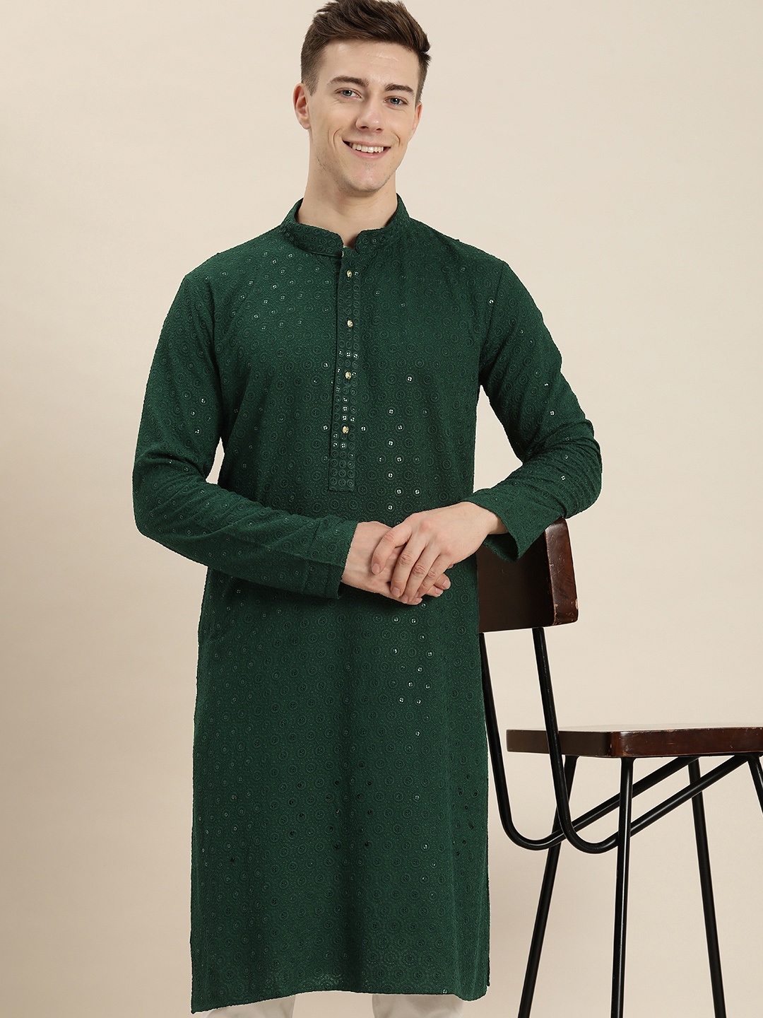 

HERE&NOW Men Ethnic Motifs Embroidered Chikankari Kurta, Green