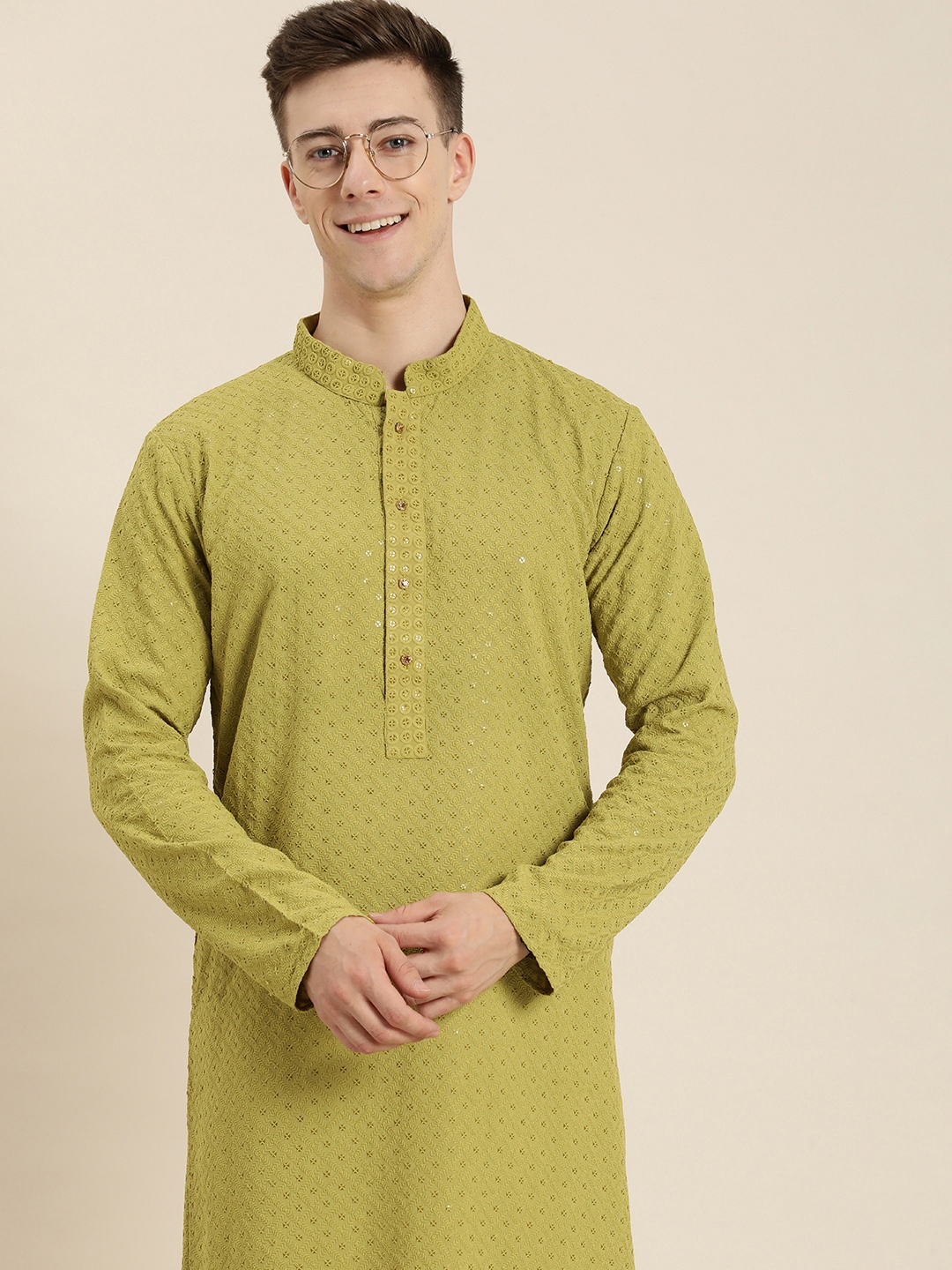 

HERE&NOW Men Ethnic Motifs Embroidered Chikankari Kurta, Lime green