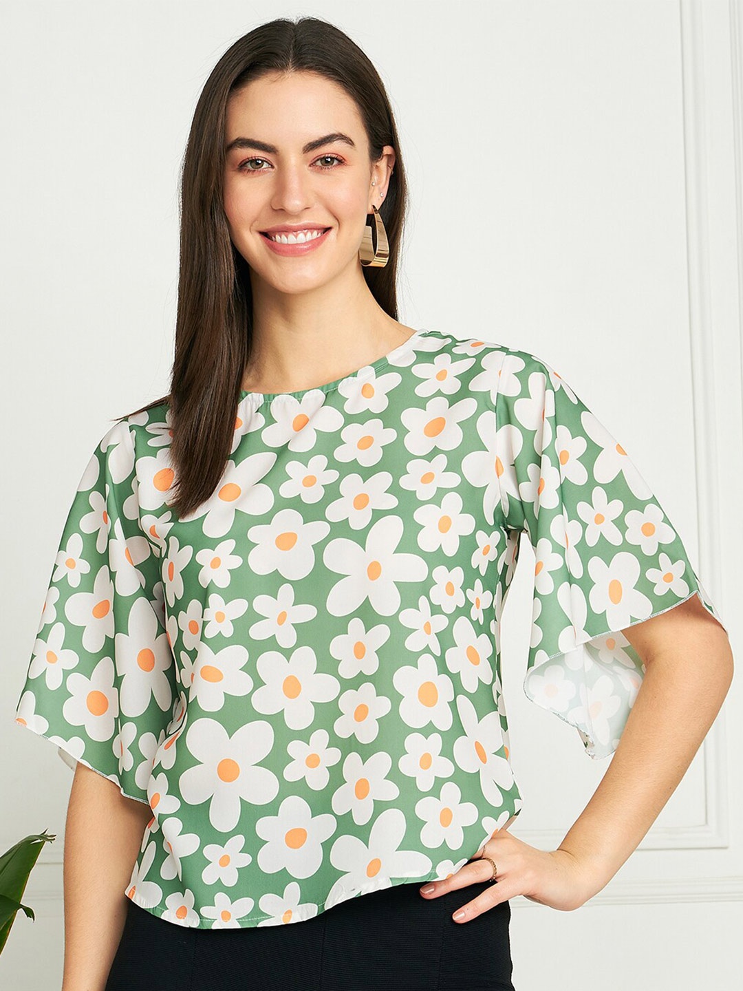 

Modeve Floral Print Flared Sleeve Top, Green