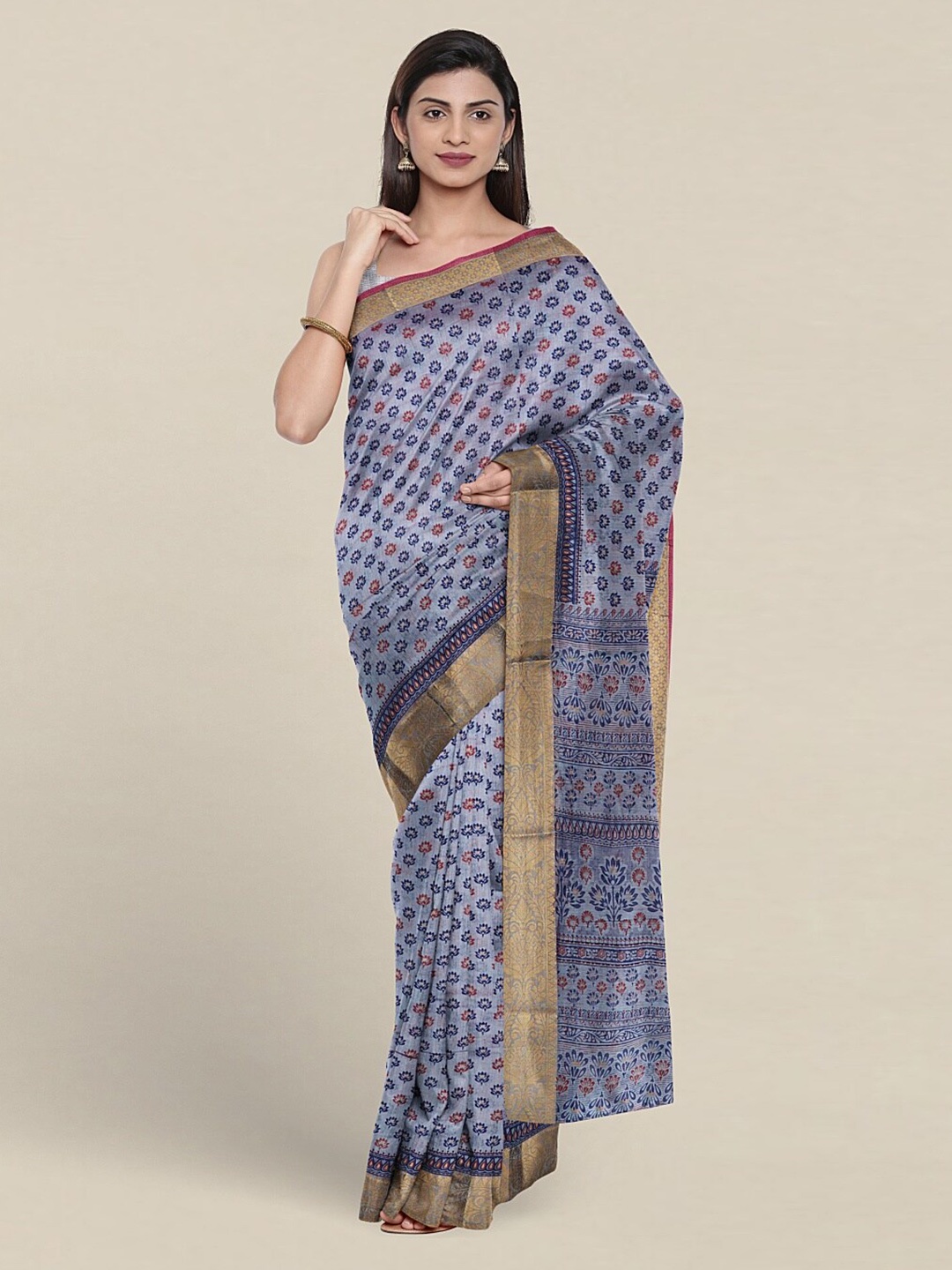 

Pothys Floral Printed Zari Pure Cotton Saree, Blue