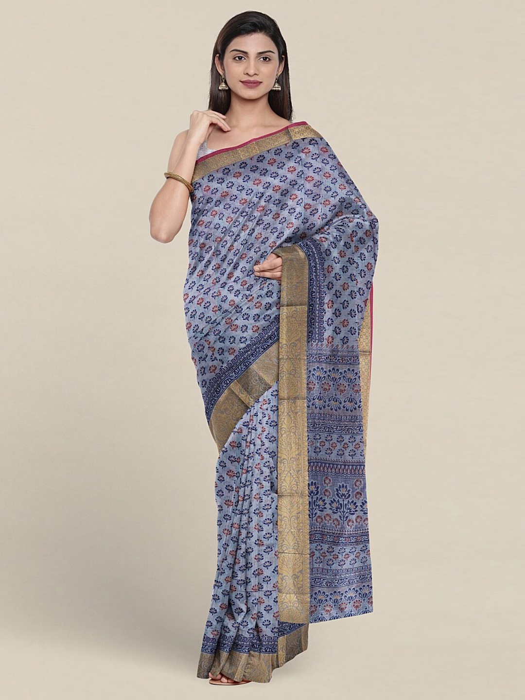 

Pothys Floral Printed Zari Pure Cotton Saree, Blue