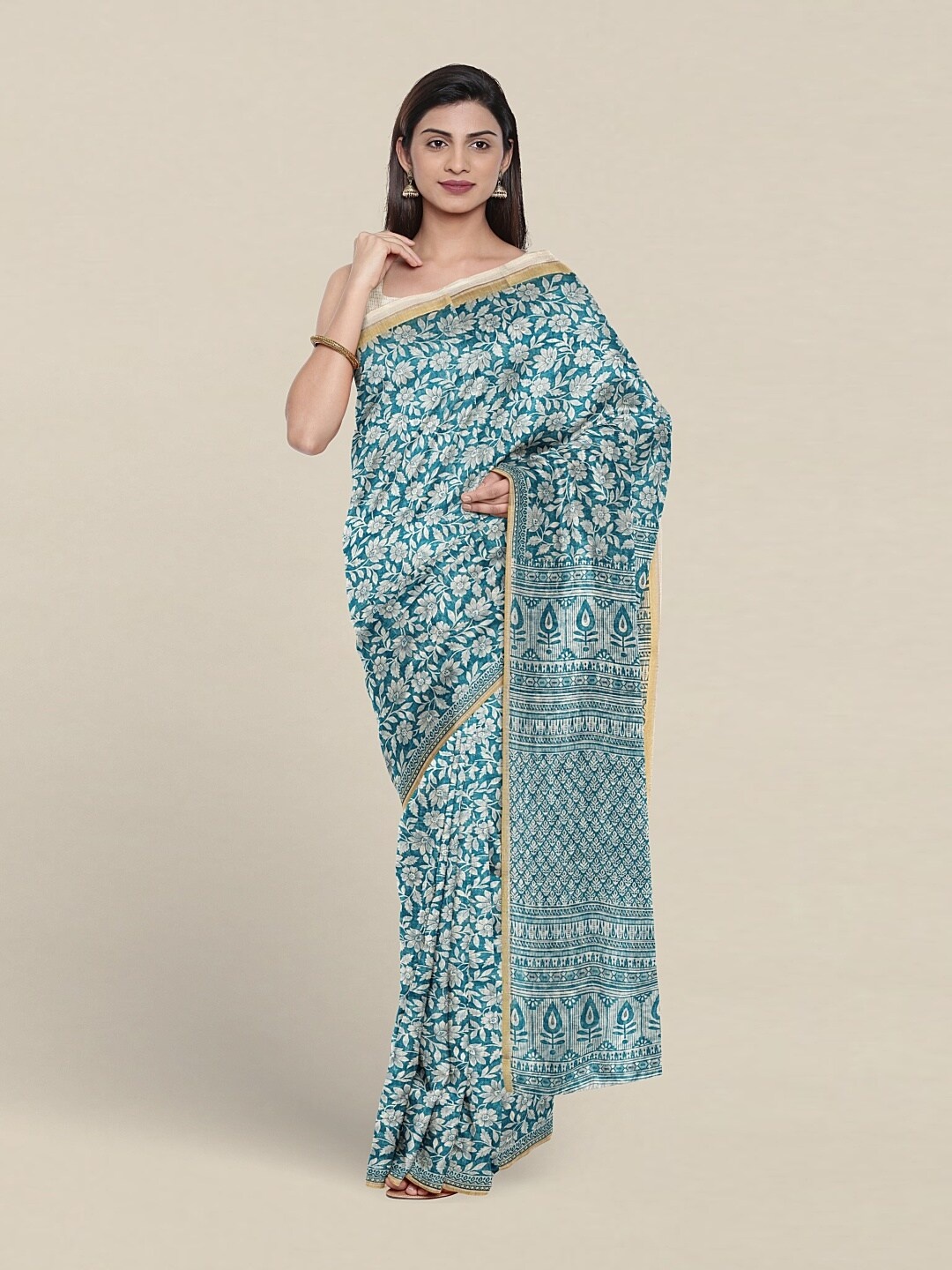 

Pothys Floral Printed Zari Pure Cotton Saree, Turquoise blue