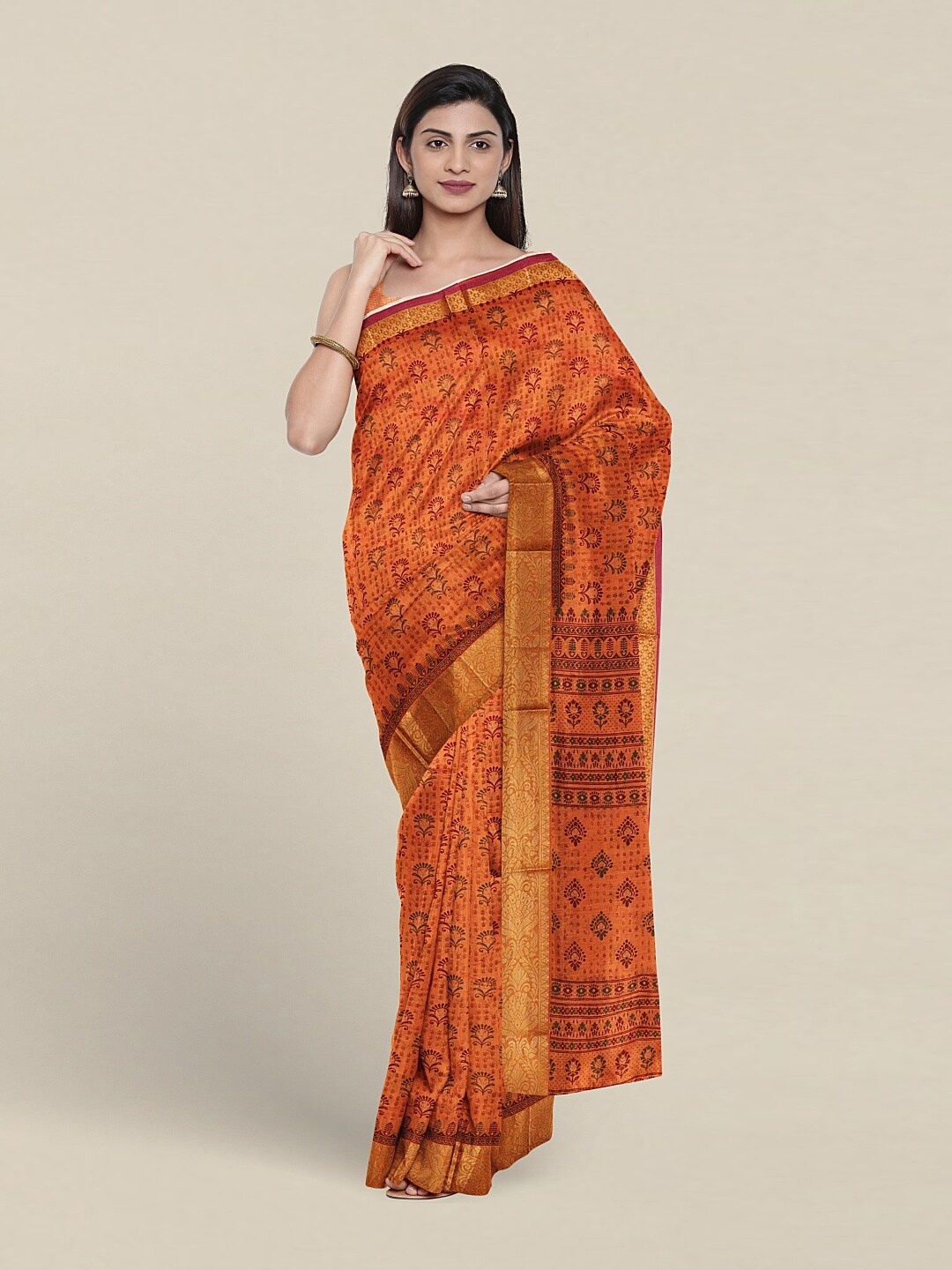 

Pothys Ethnic Motifs Printed Zari Pure Cotton Saree, Orange