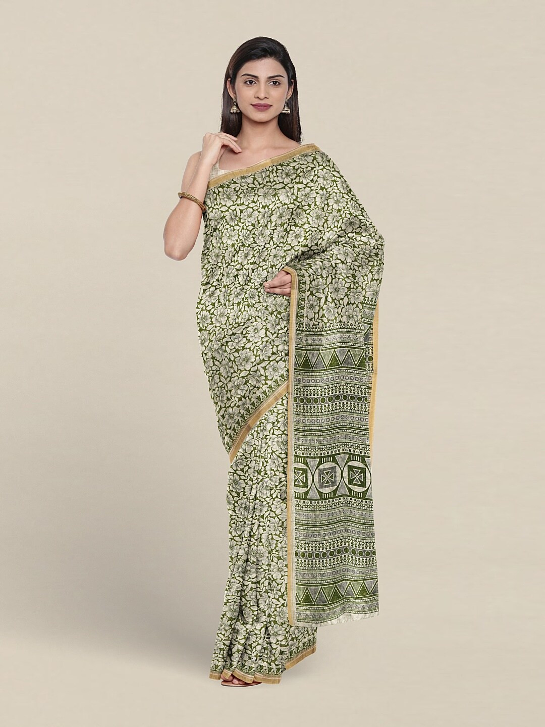 

Pothys Floral Printed Zari Pure Cotton Saree, Green