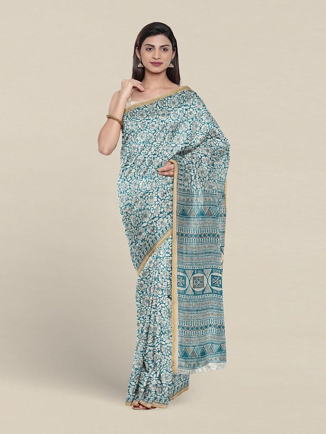 

Pothys Floral Printed Zari Detailed Pure Cotton Saree, Blue