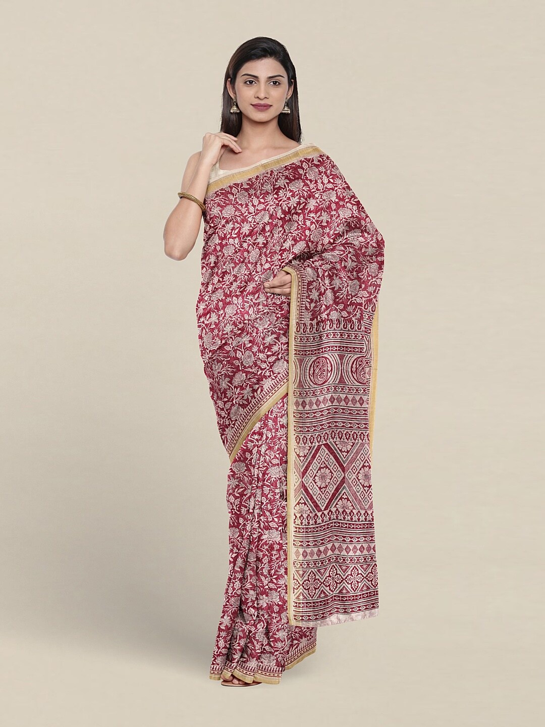 

Pothys Floral Printed Zari Pure Cotton Saree, Red