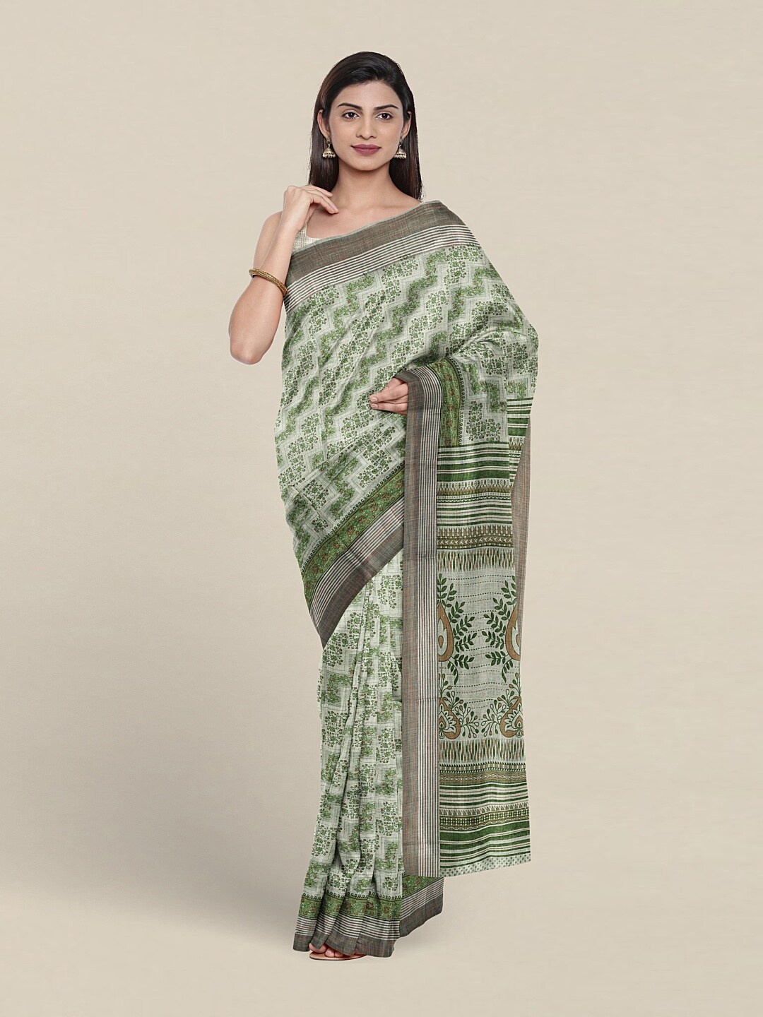 

Pothys Geometric Printed Pure Cotton Saree, Green